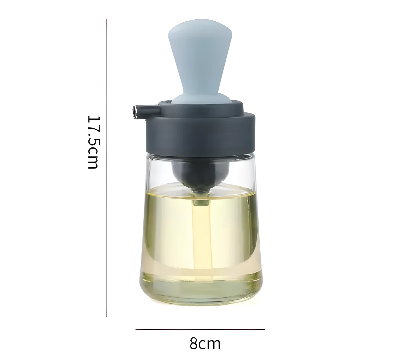 Dispensador de aceite de vidrio transparente con brocha celeste y gris. Mide 17.5cm de alto x 8cm de ancho.