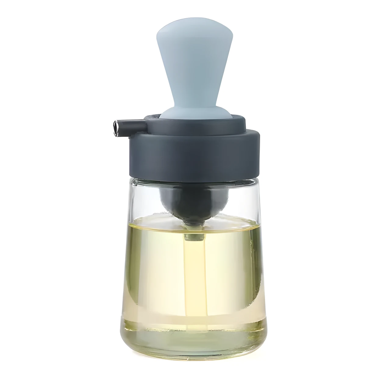 Dispensador de aceite con brocha integrada, cuerpo de vidrio y tapa gris con brocha azul claro para cocinar.