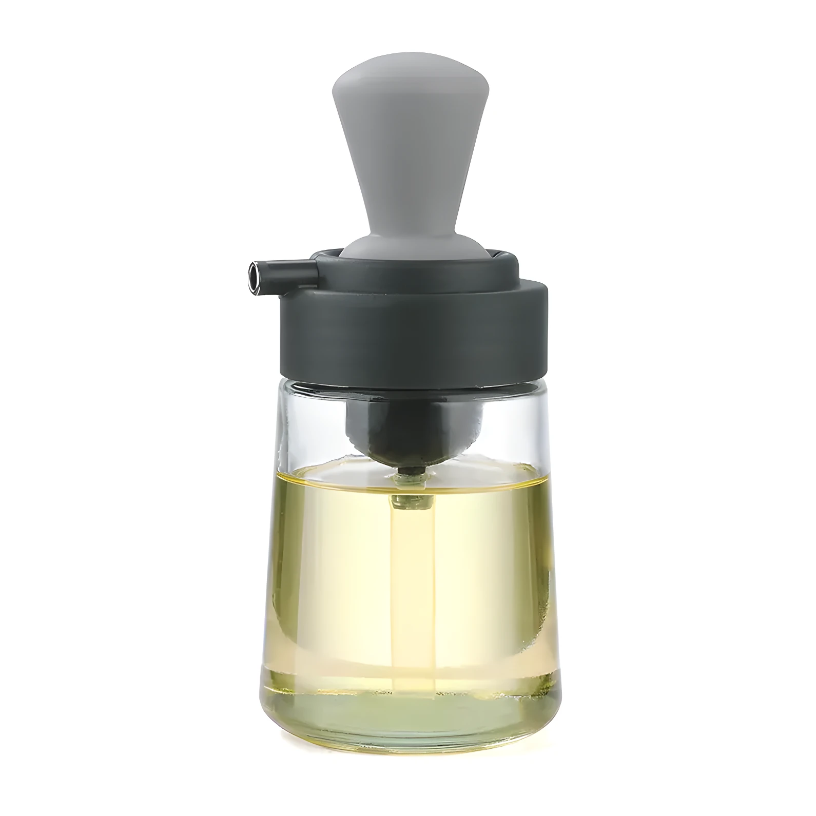 Dispensador de aceite de vidrio con brocha integrada gris, ideal para cocinar.