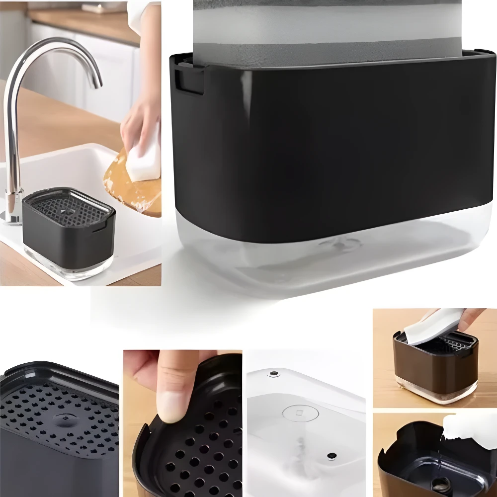 Dispensador de jabón 2 en 1 negro con esponja gris sobre fregadero. Incluye compartimento inferior y rejilla.