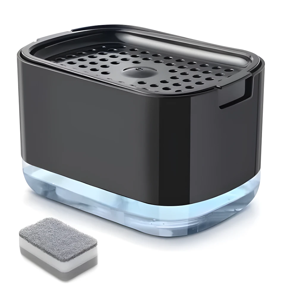 Dispensador de jabón negro 2 en 1 con bandeja para esponja y esponja gris incluida, ideal para cocina.