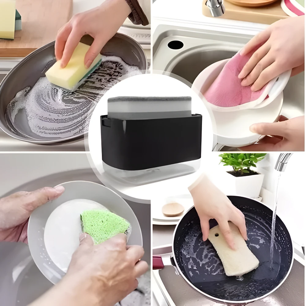 Dispensador de jabón para cocina 2 en 1 negro y transparente con esponjas de limpieza para lavar platos.