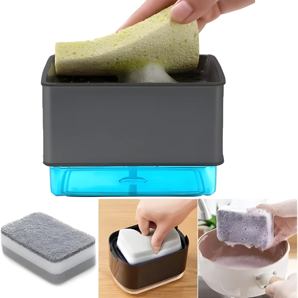 Dispensador de jabón 2 en 1 gris con base azul, ideal para cocina, con esponja verde espumando. Incluye dos esponjas adicionales.