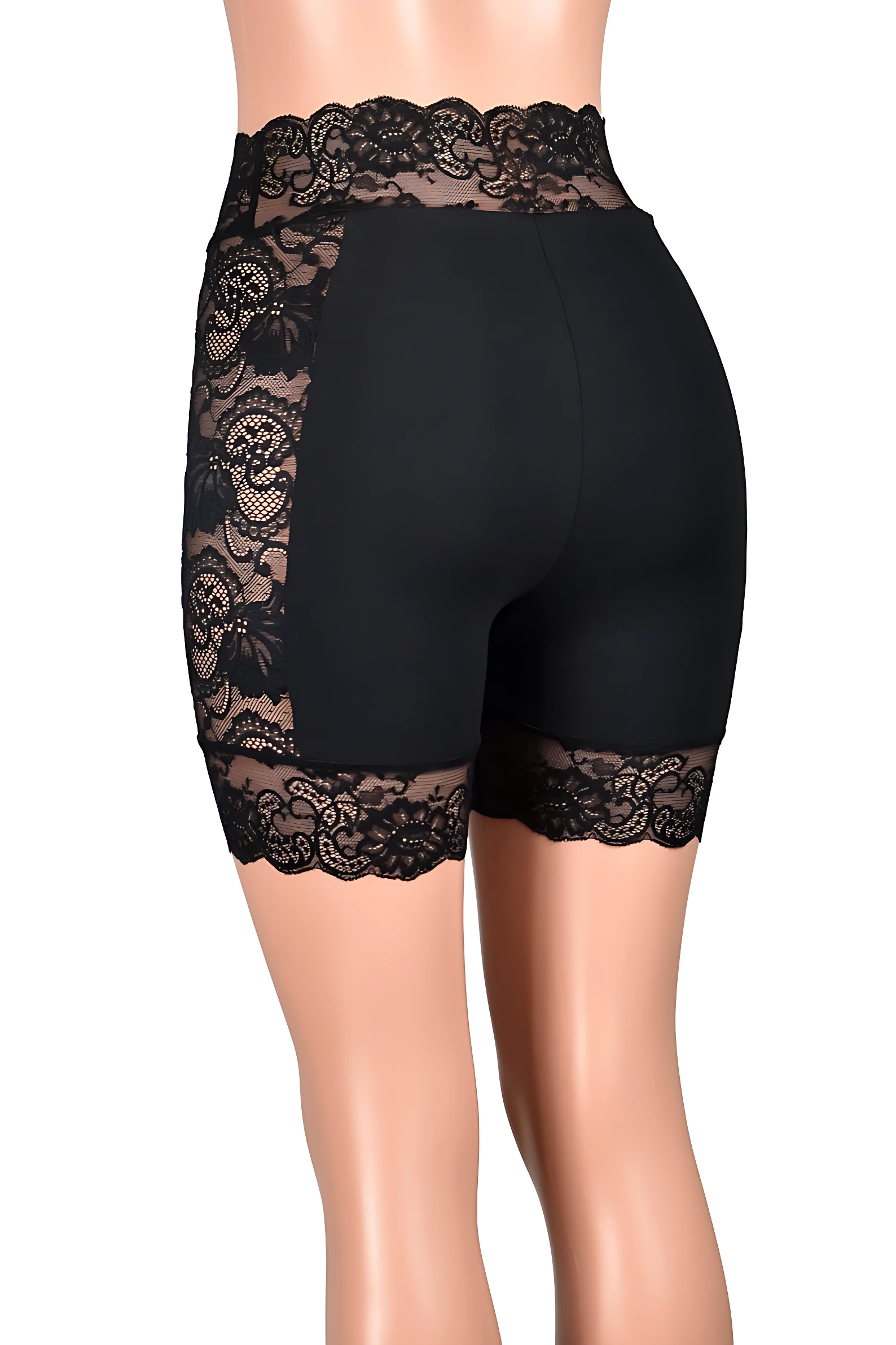 Panty control abdomen tiro alto negro con encaje en caderas y muslos, ideal para moldear y evitar rozaduras.