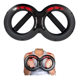 Ejercitador de brazo en forma de 8, negro con detalles rojos, para fortalecer agarre y brazos.