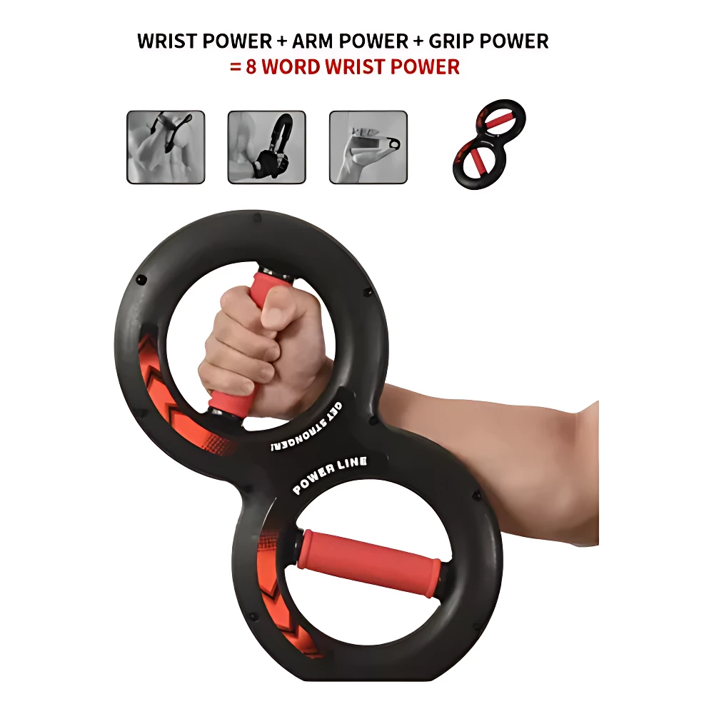 Ejercitador de brazo y antebrazo en forma de 8, negro con detalles rojos, para fortalecer agarre y potencia.