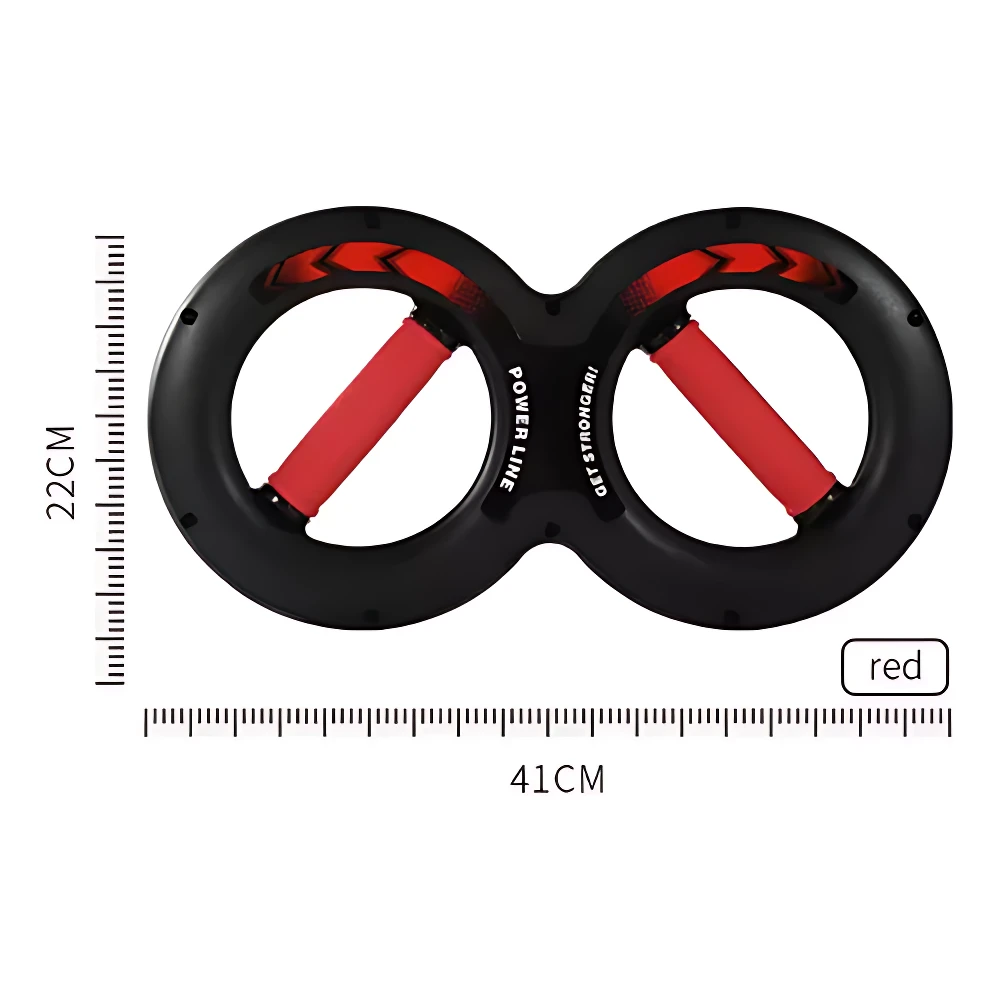 Ejercitador de brazo y antebrazo en forma de 8, color rojo y negro, 41cm de largo, ideal para fortalecer el agarre.