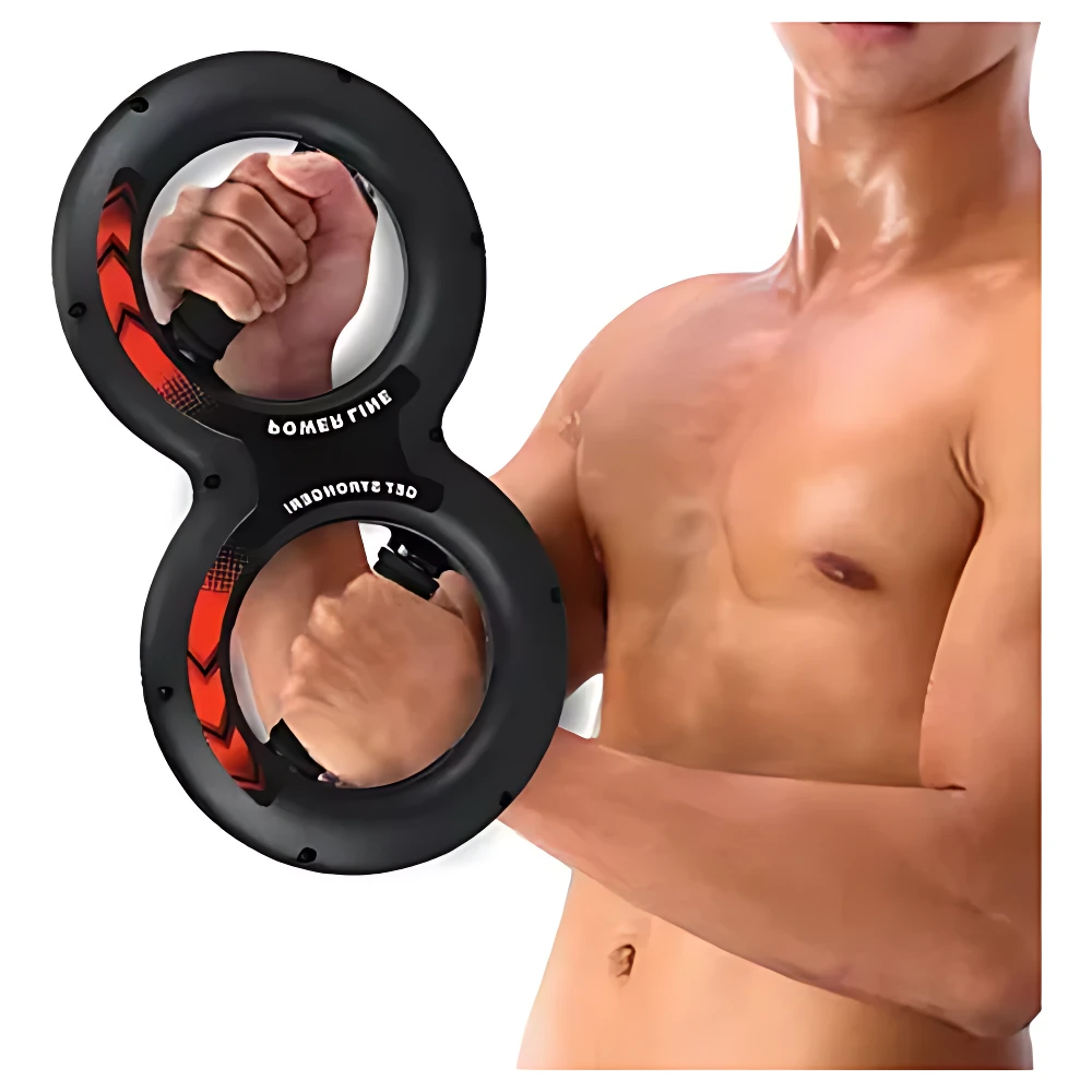 Ejercitador de brazo y antebrazo en forma de 8 negro con detalles rojos, usado por un hombre para fortalecer el agarre.