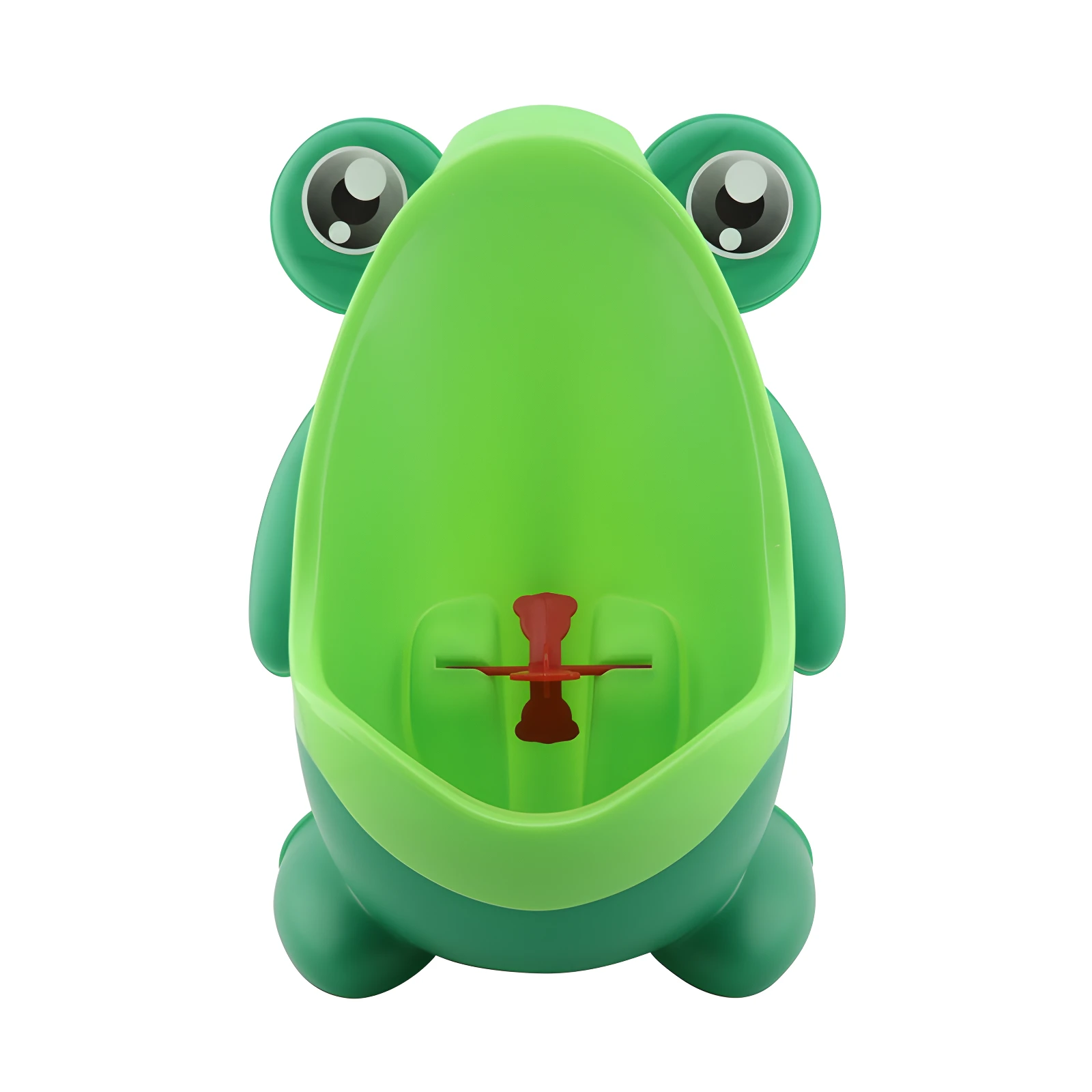 Orinal infantil verde en forma de sapo con ojos grandes y detalles rojos.