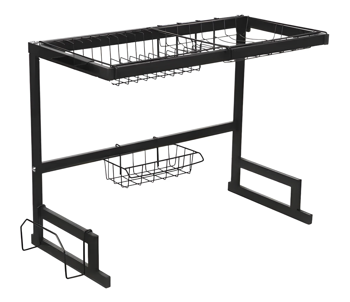 Escurridor de loza negro de 64 cm, con cestas y soportes para secar platos.