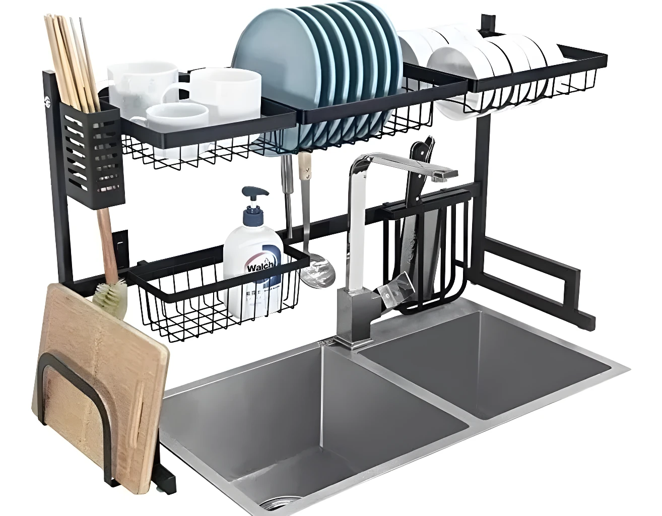 Escurridor de loza de 64 cm sobre doble lavaplatos, con soportes para platos, tazas, cubiertos y tabla de picar.