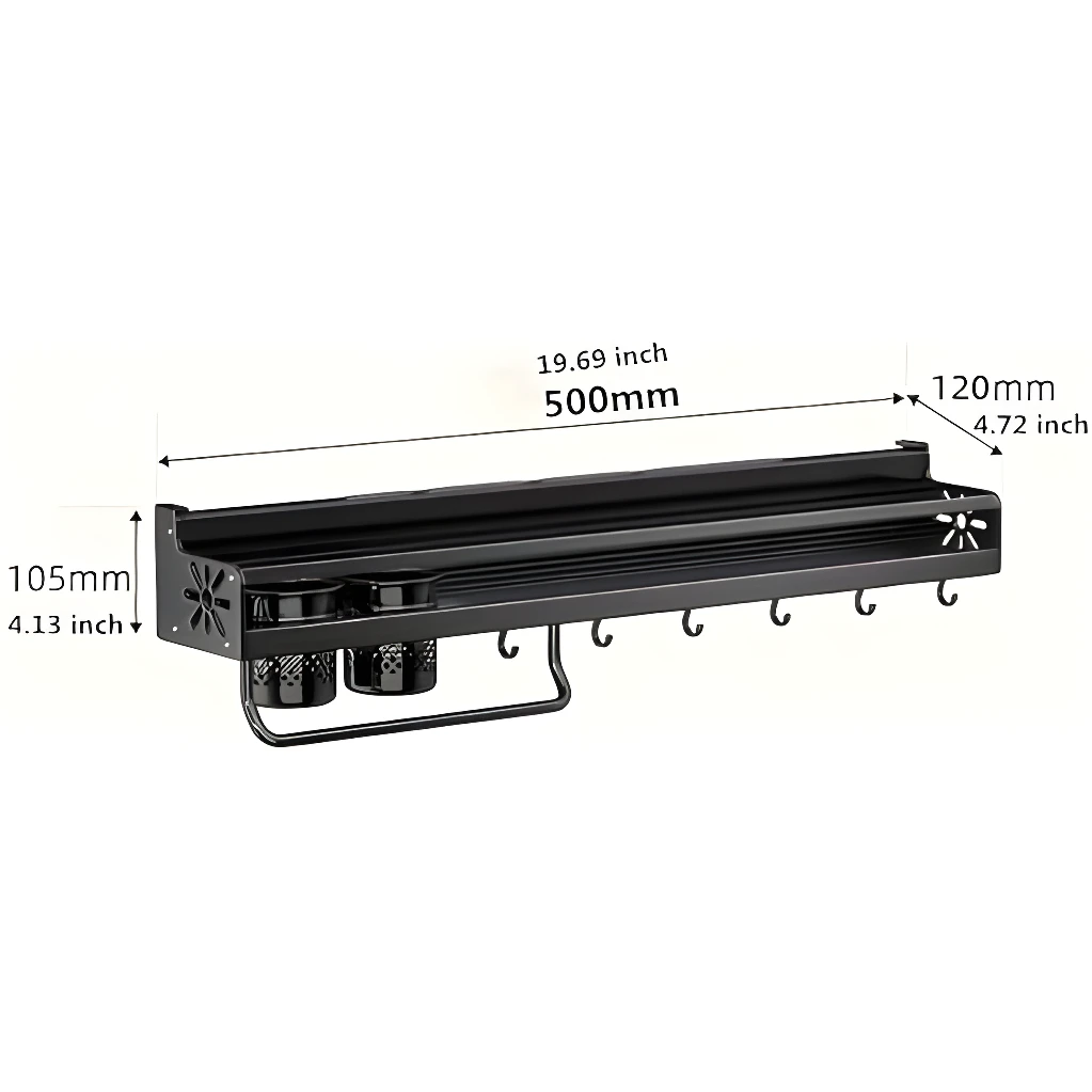 Estante organizador de cocina negro con ganchos y dos recipientes, 500 mm de largo.