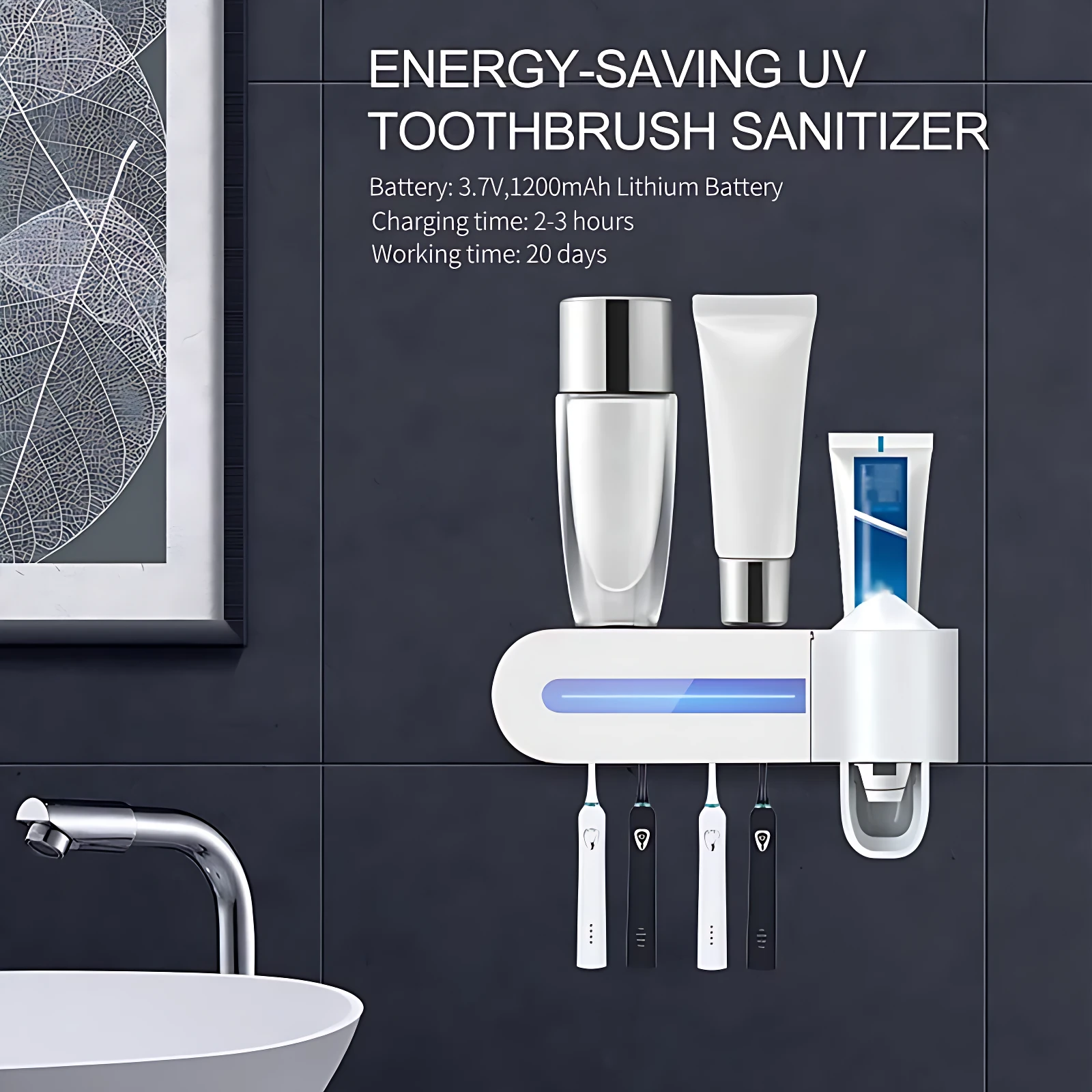 Sanitizador UV para cepillos de dientes Zoosen blanco, con 4 cepillos eléctricos y dispensador de pasta.