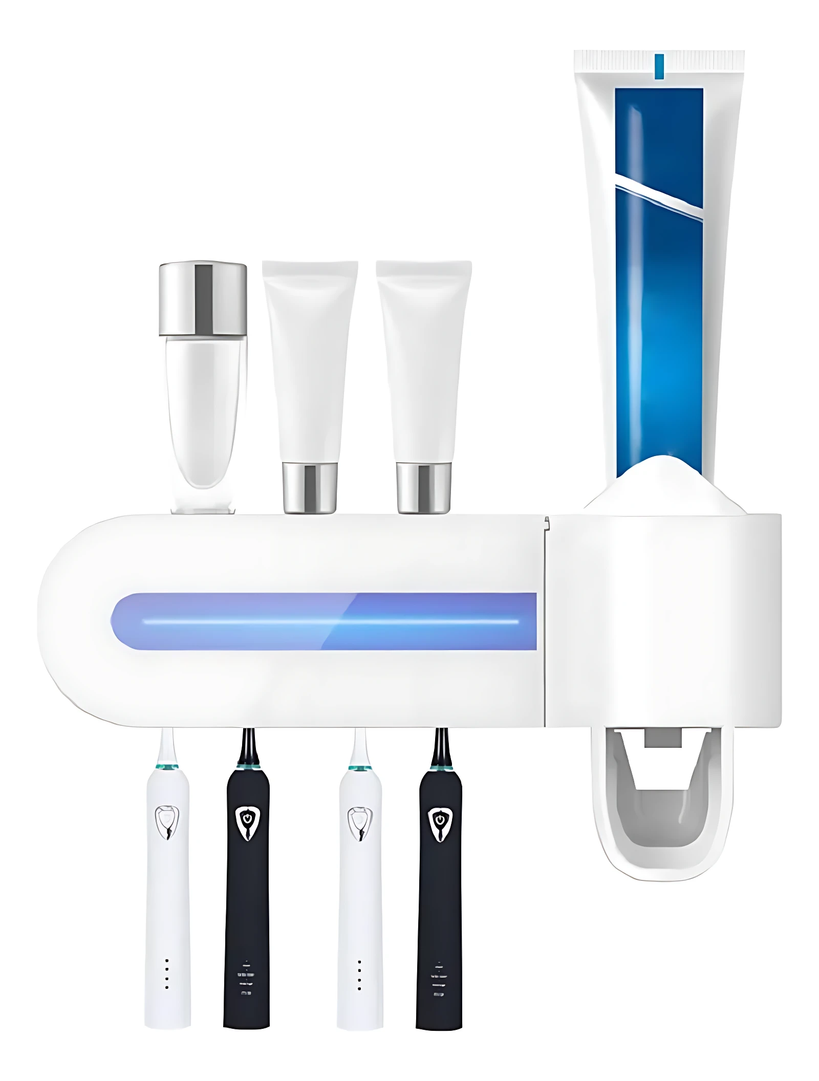 Esterilizador Zoosen UV con dispensador de pasta, 4 cepillos eléctricos (2 blancos, 2 negros) y 2 tubos pequeños.