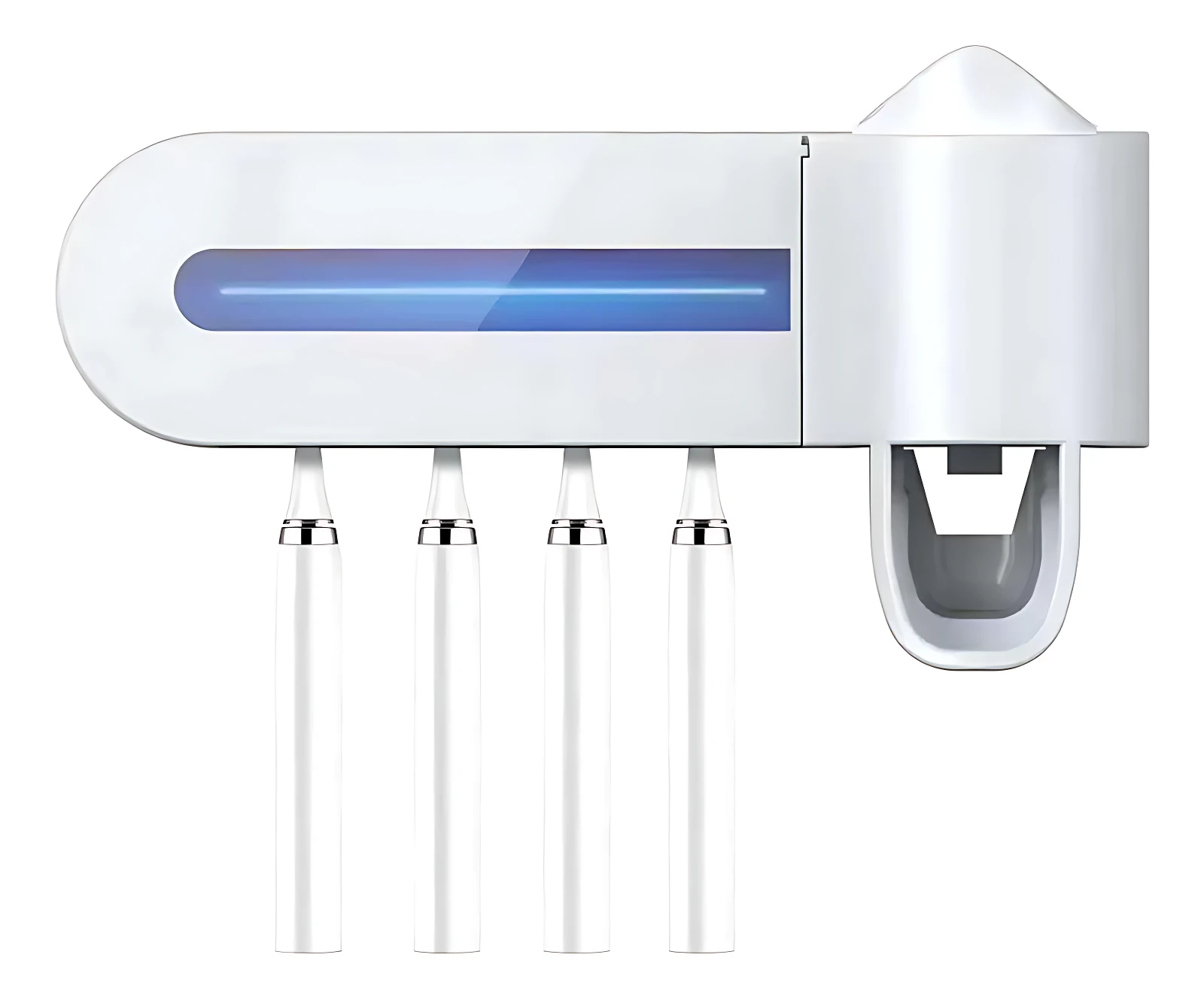 Dispensador de cepillos dentales blanco con luz UV para desinfección y soporte integrado.