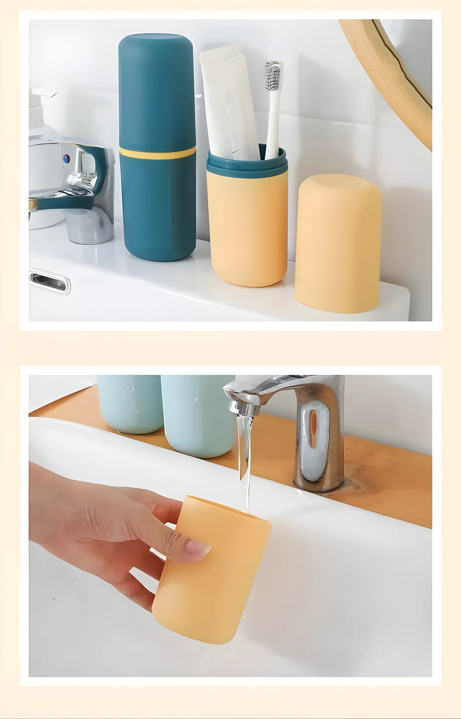 Set de 3 estuches para cepillo dental: azul, verde menta y amarillo. Uso y viaje.