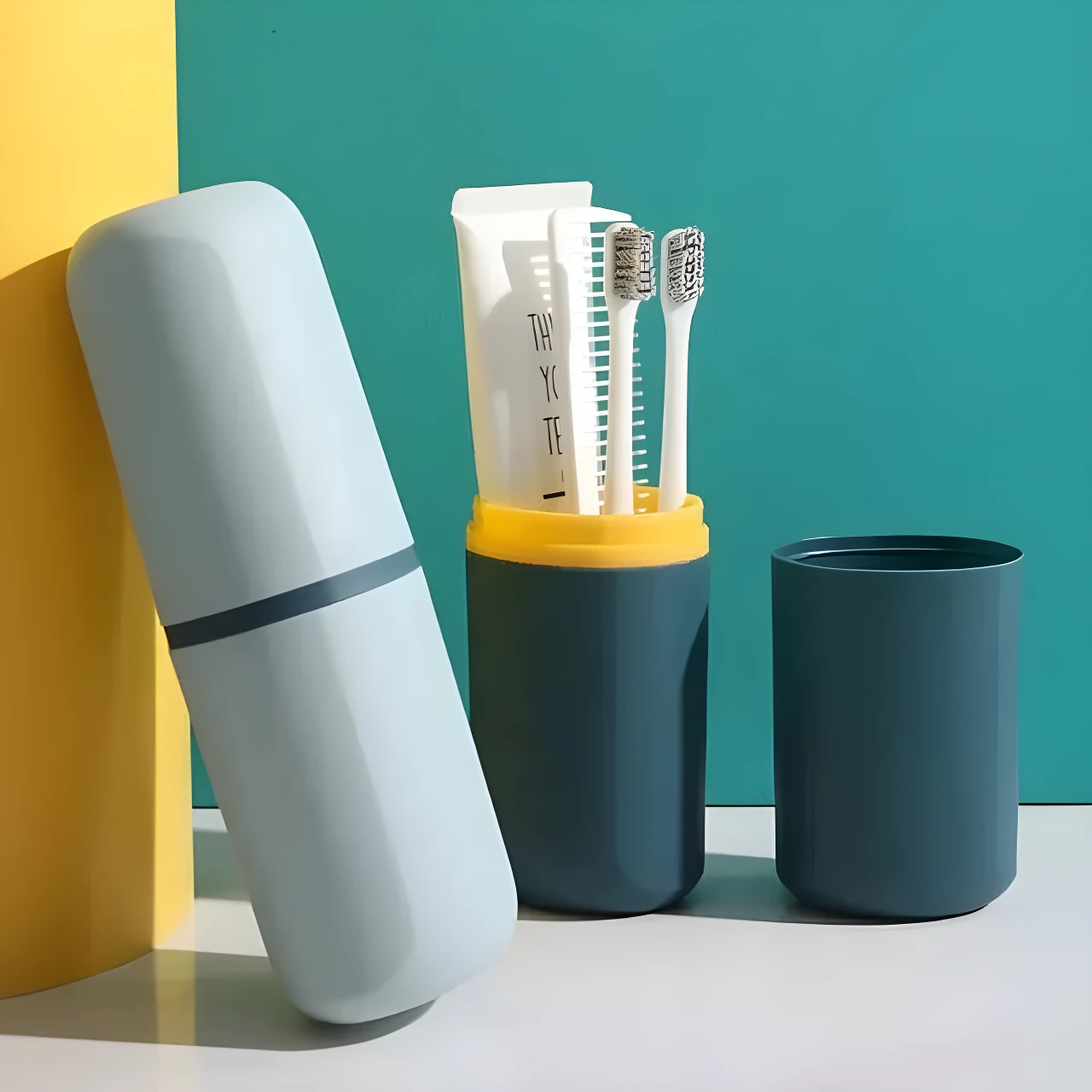 Estuche azul claro para cepillo dental y set x3 cepillos con pasta dental en contenedor gris y amarillo.