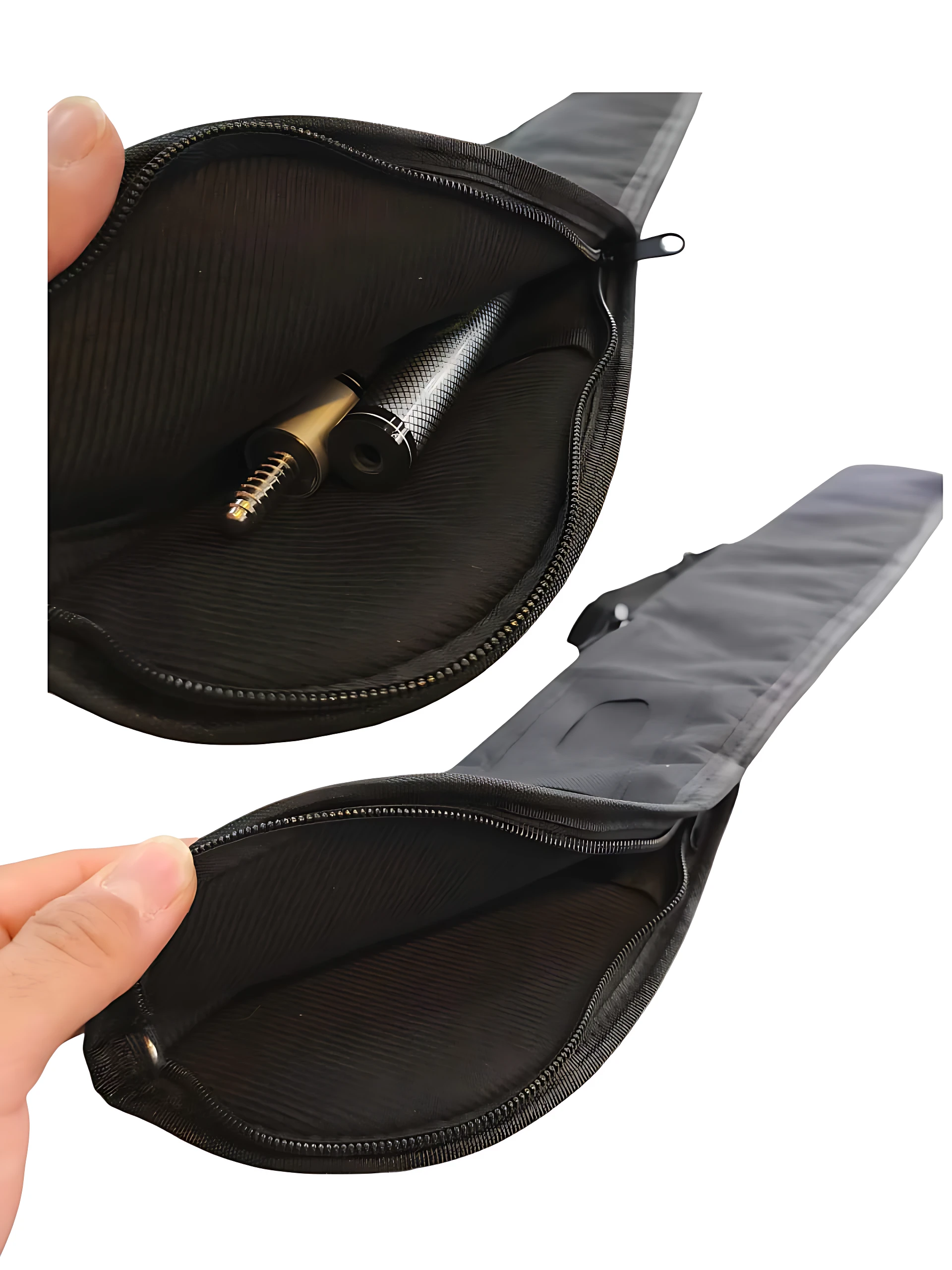 Estuche semi rígido negro para taco de billar de 2 piezas, con detalle de textura y un extremo visible.