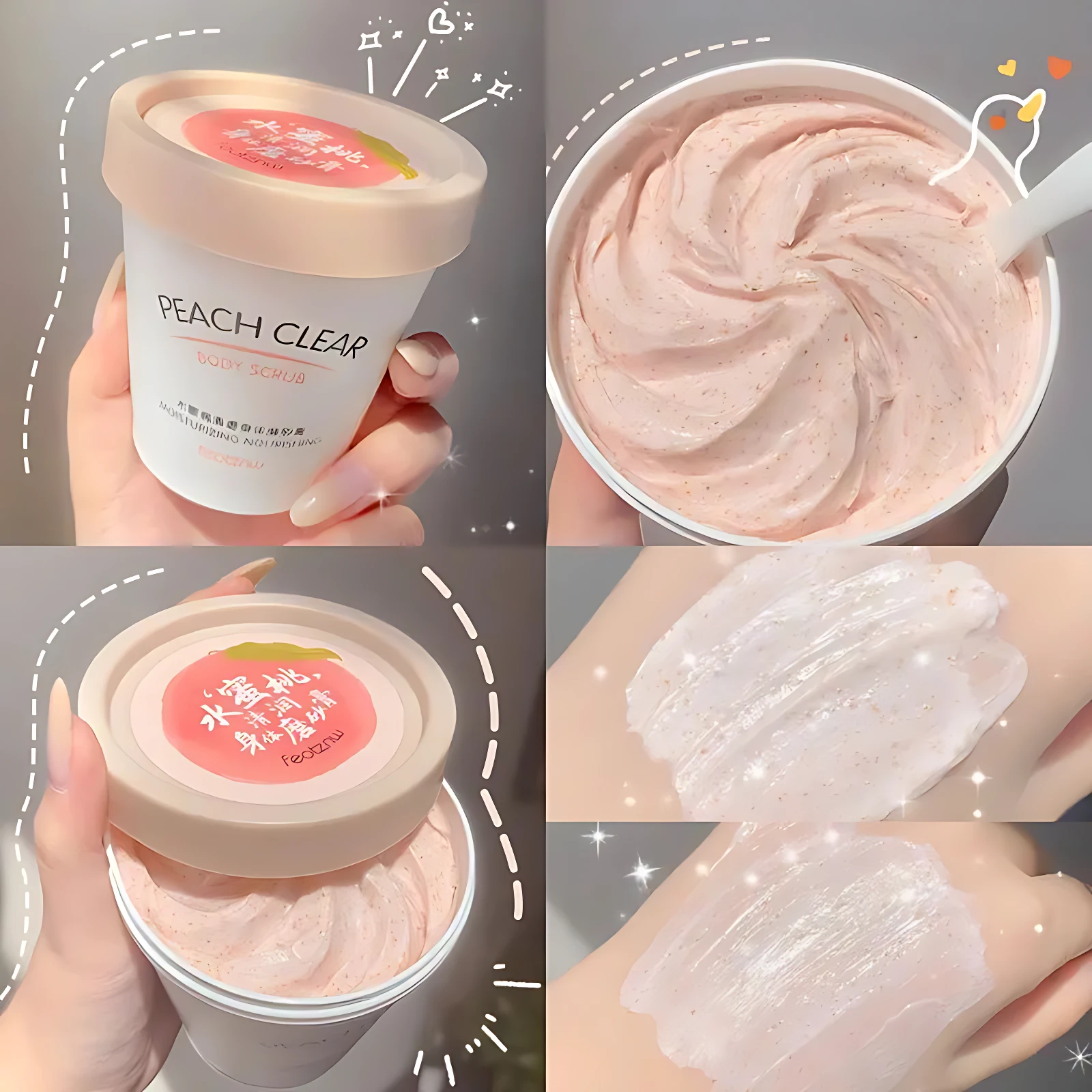 Exfoliante corporal PEACH CLEAR en envase blanco, textura cremosa rosada con partículas, mostrado en mano y sobre piel.