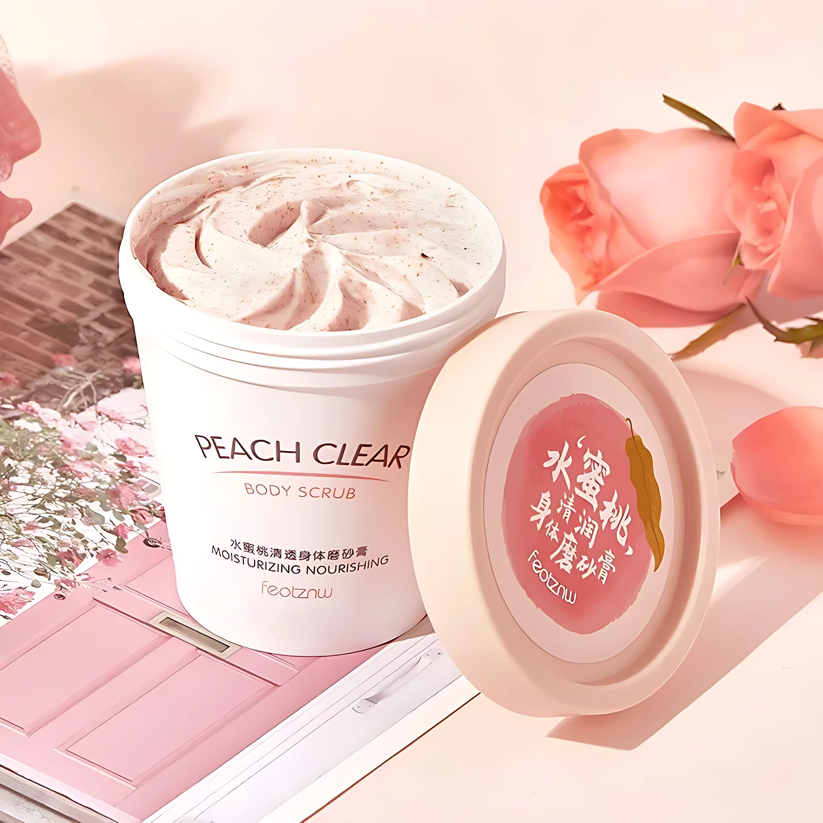 Exfoliante corporal PEACH CLEAR con crema suave color durazno y rosas rosadas.