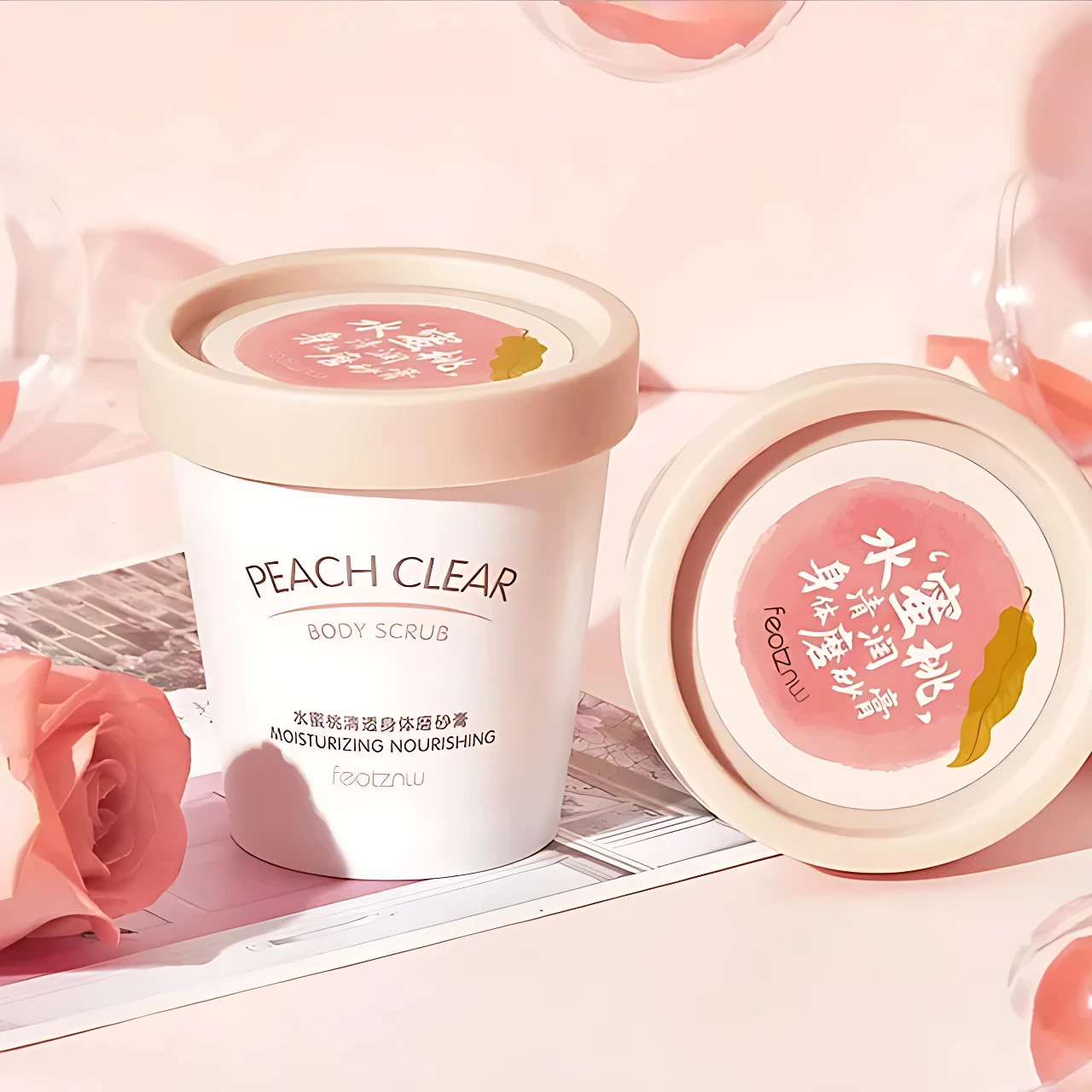 Exfoliante corporal Peach Clear en envase blanco con tapa rosa, aroma a durazno, para piel suave.