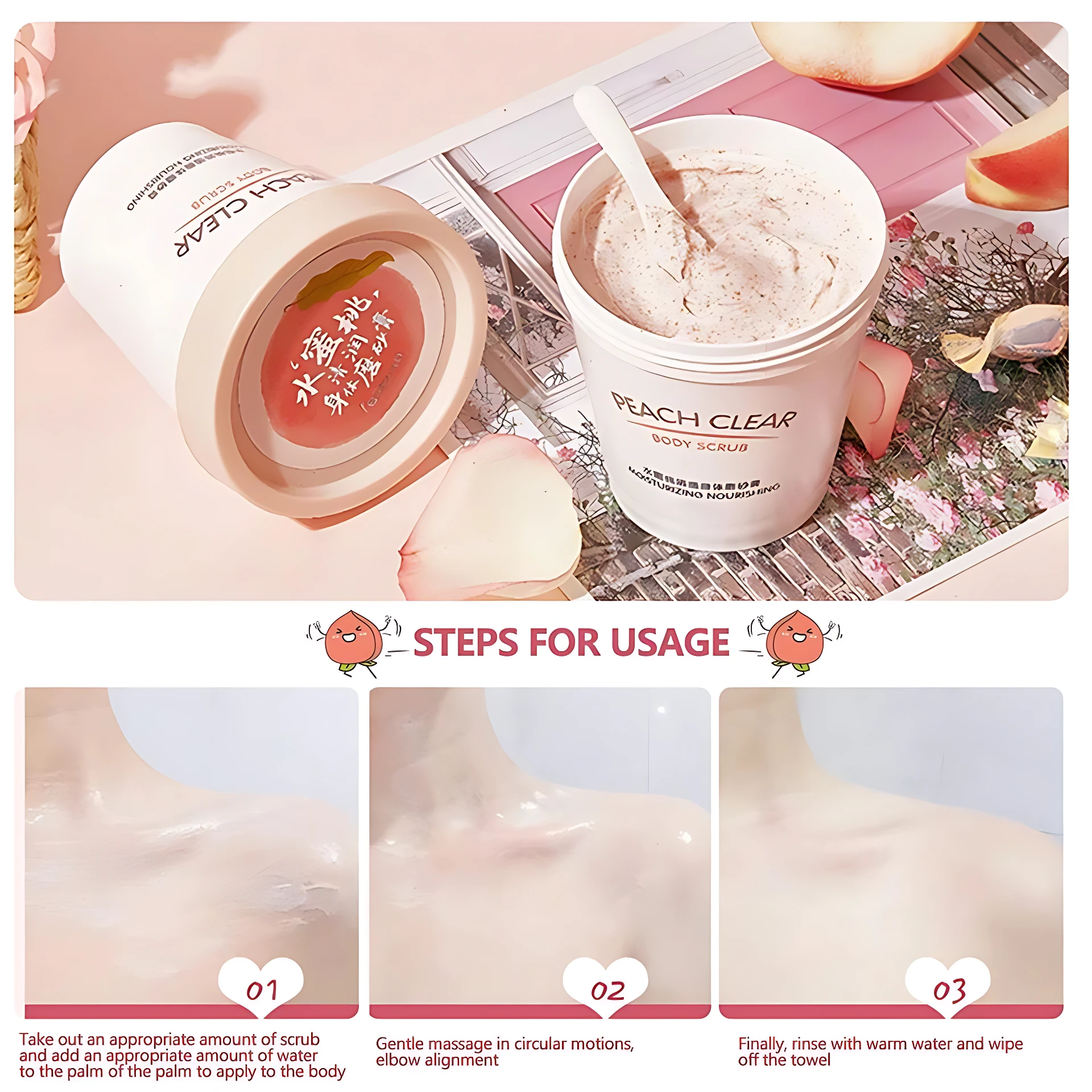 Exfoliante corporal Peach Clear en tarro abierto con pala, textura cremosa color durazno y detalles de uso.