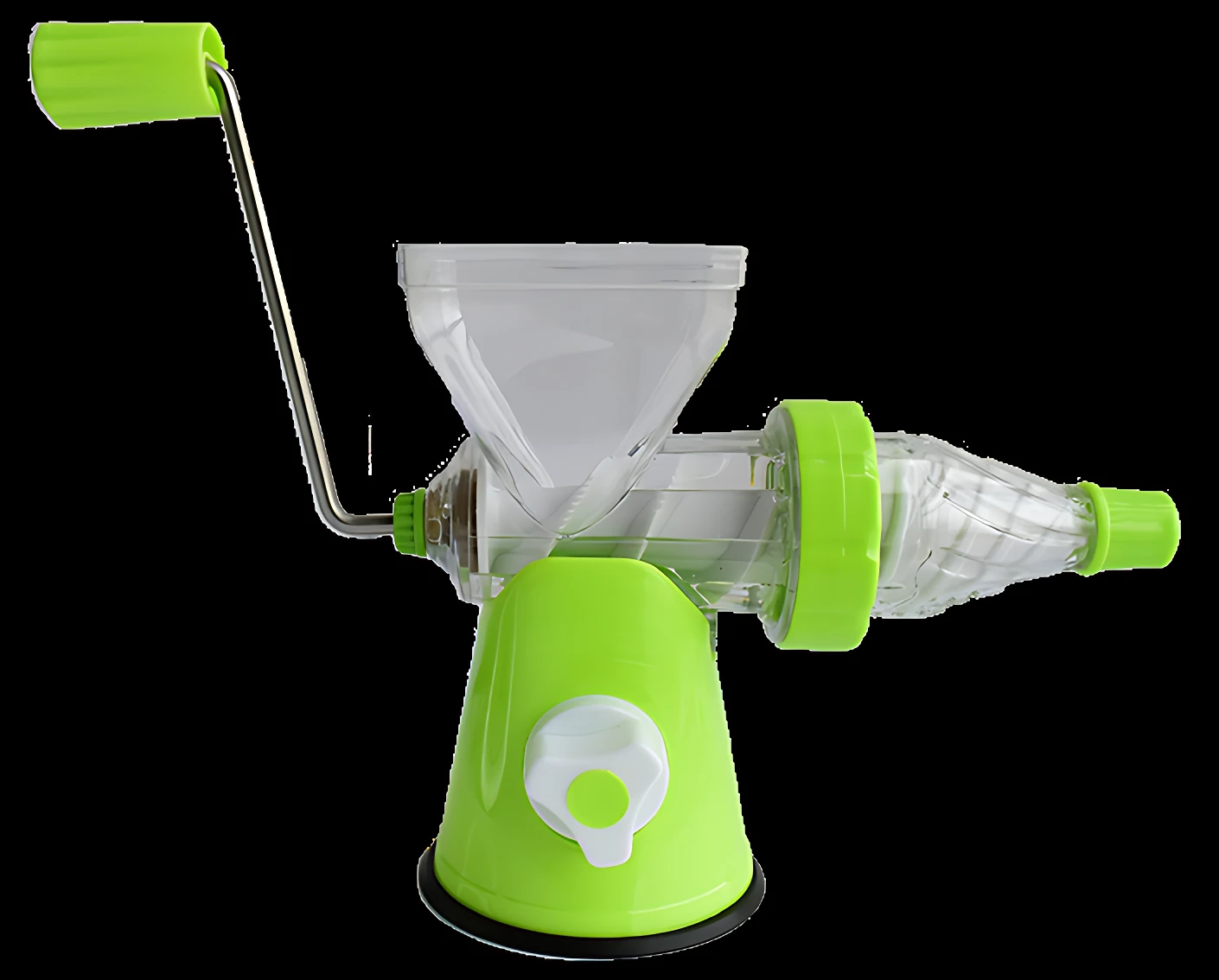 Extractor de jugos manual verde brillante con manivela y recipiente transparente, para preparar jugos frescos.