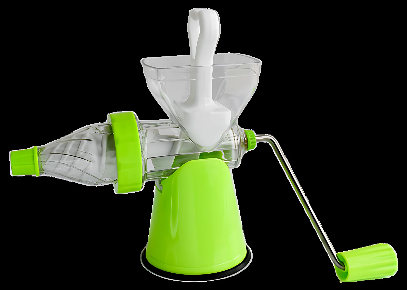 Extractor de jugos manual verde y transparente con manivela metálica y mango verde.