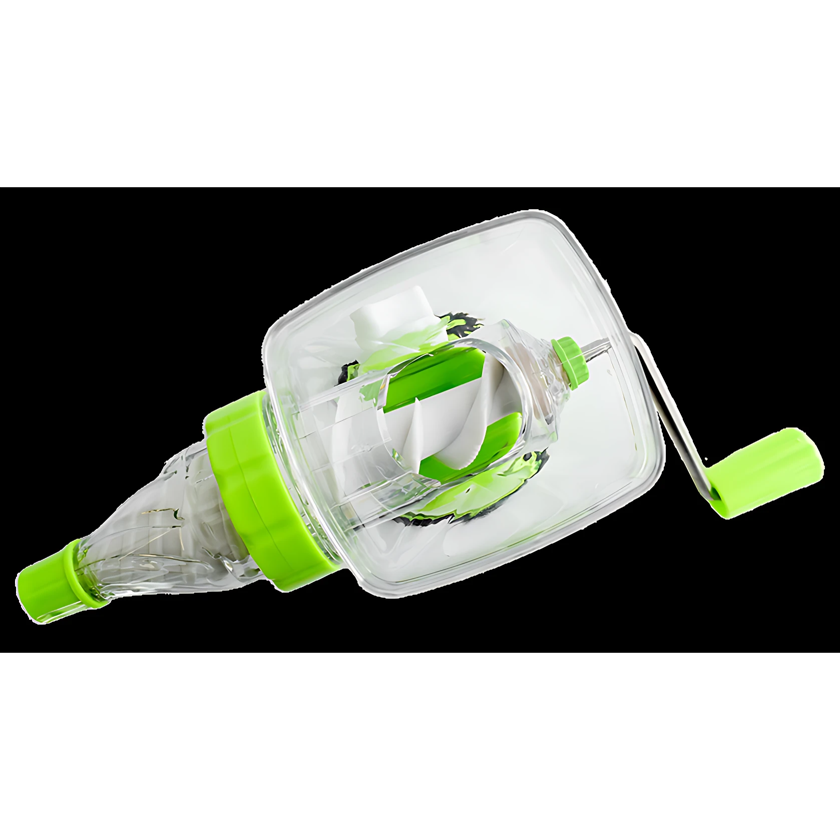 Extractor de jugos manual transparente con detalles verdes, ideal para preparar jugos frescos.