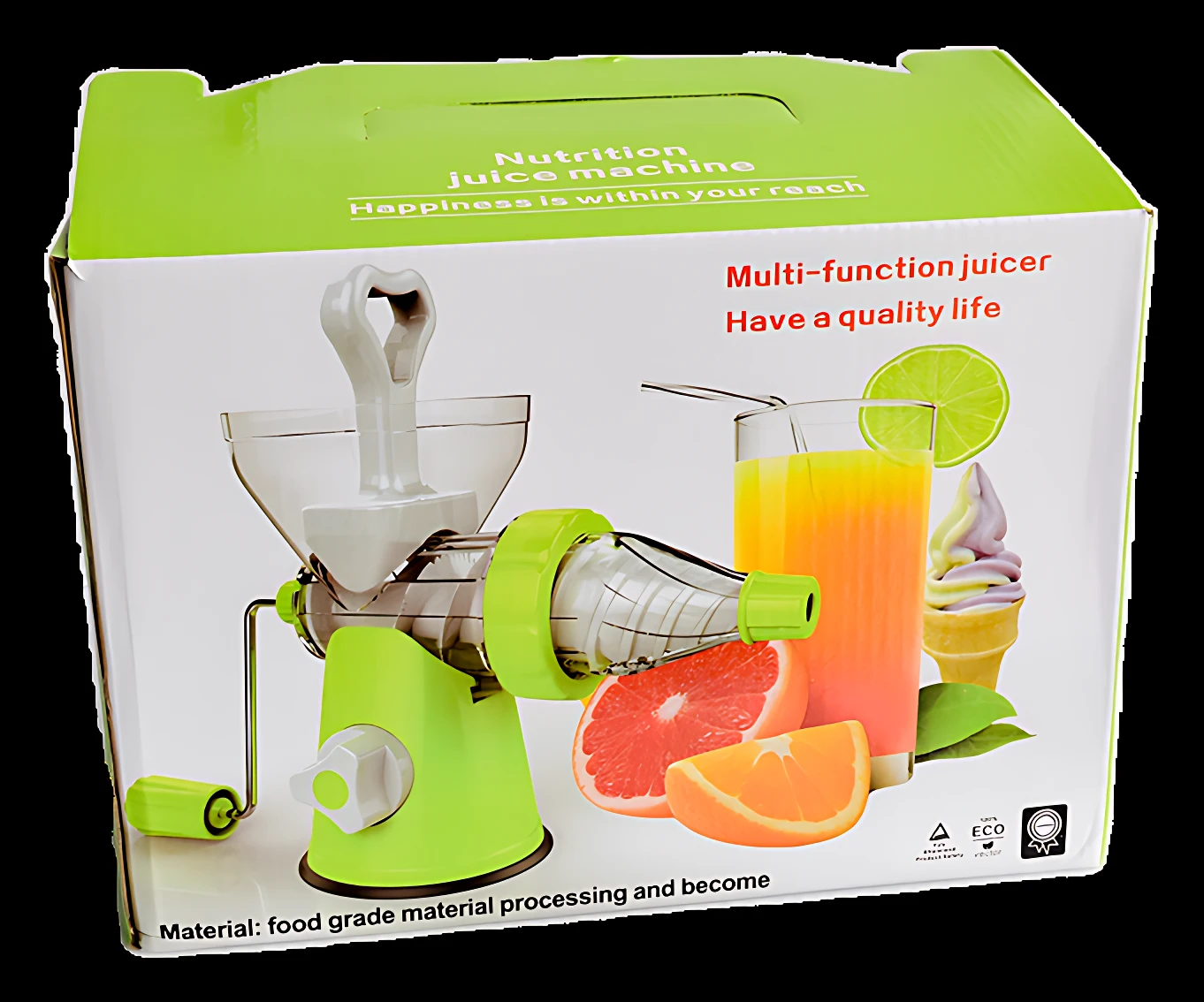 Extractor de jugos manual verde con manivela, vaso de jugo, frutas y helado, empaque de nutrición.
