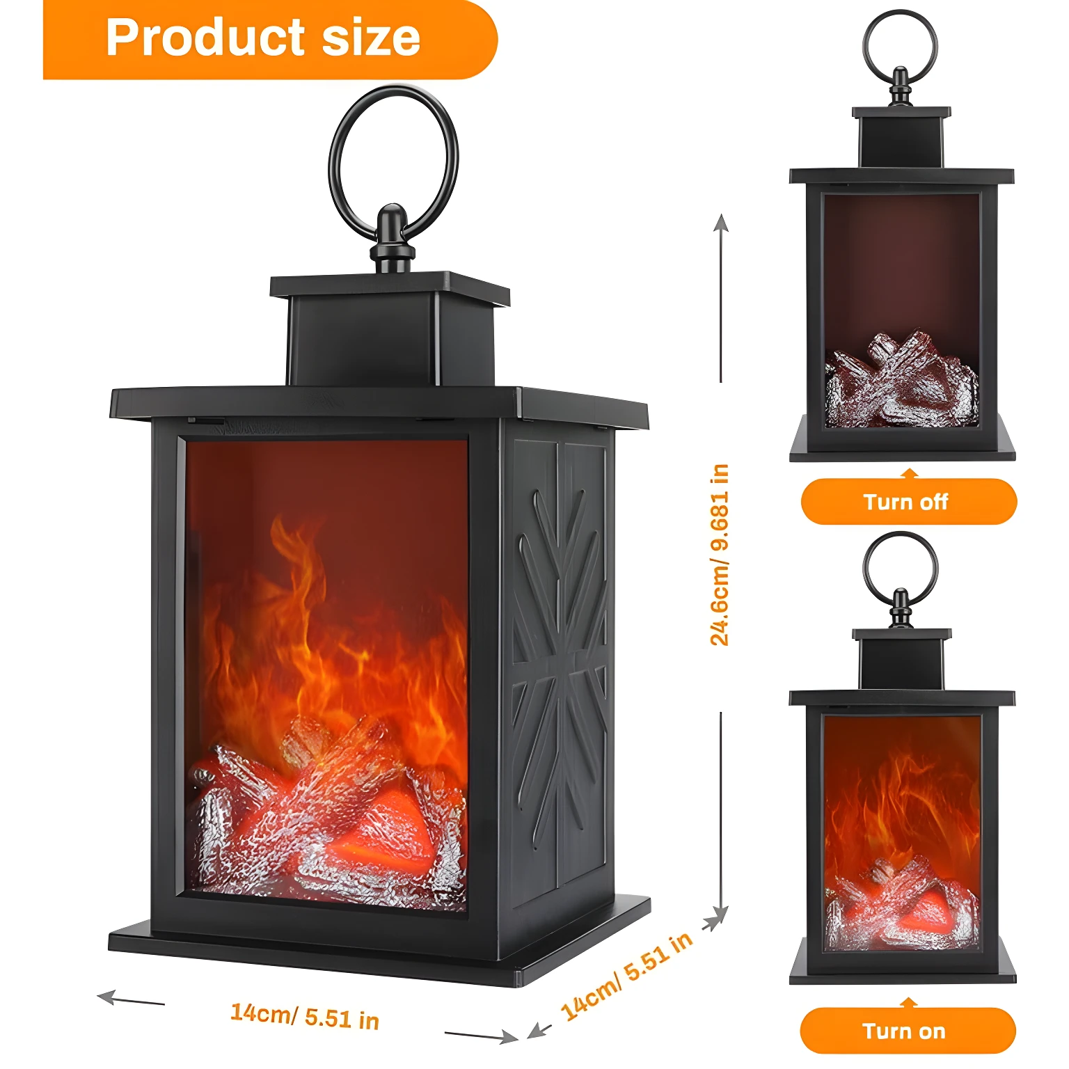 Farol lámpara negro vintage con efecto llama realista. Incluye medidas y estado encendido/apagado.