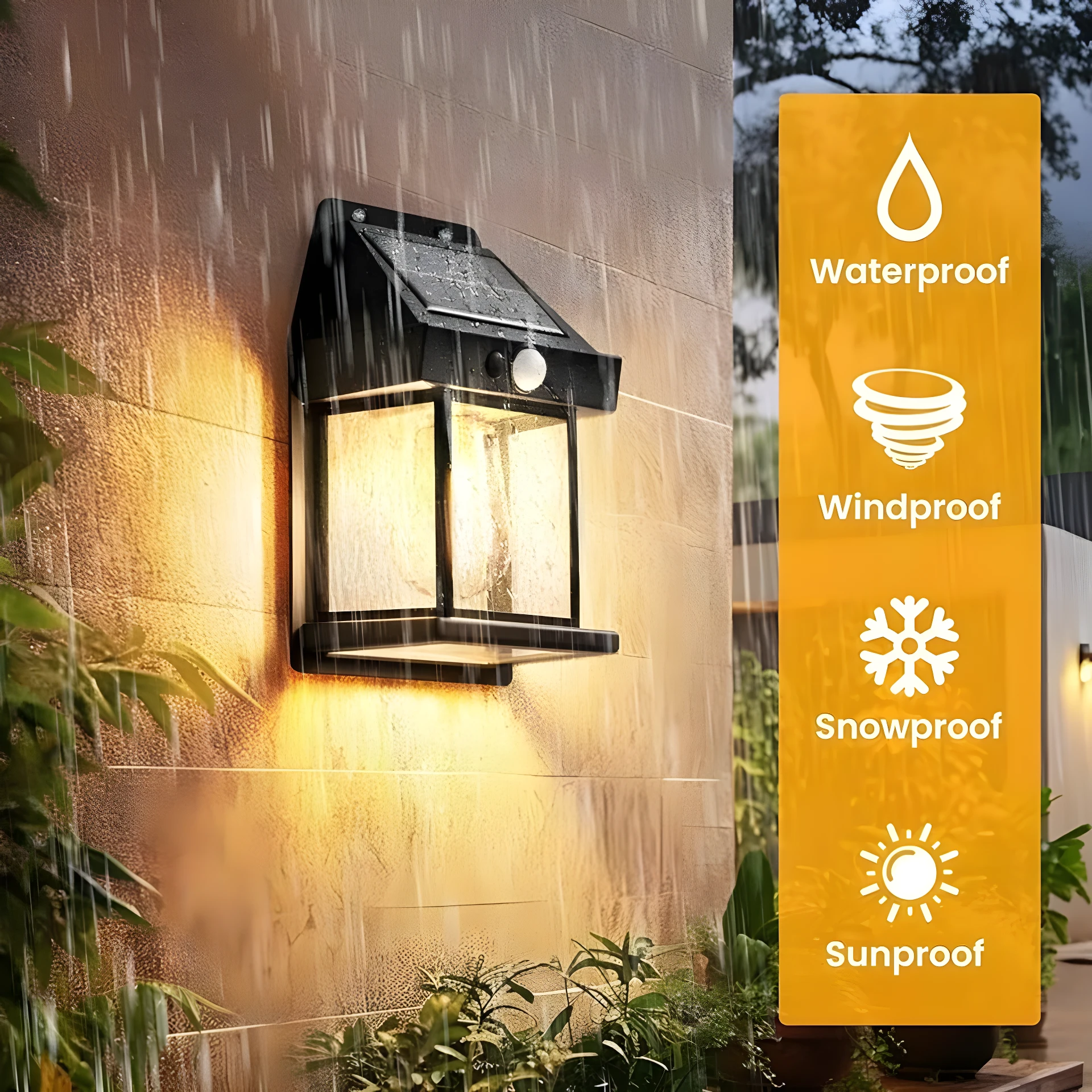 Farol solar de pared exterior negro, resistente al agua, viento, nieve y sol, con sensor de movimiento.