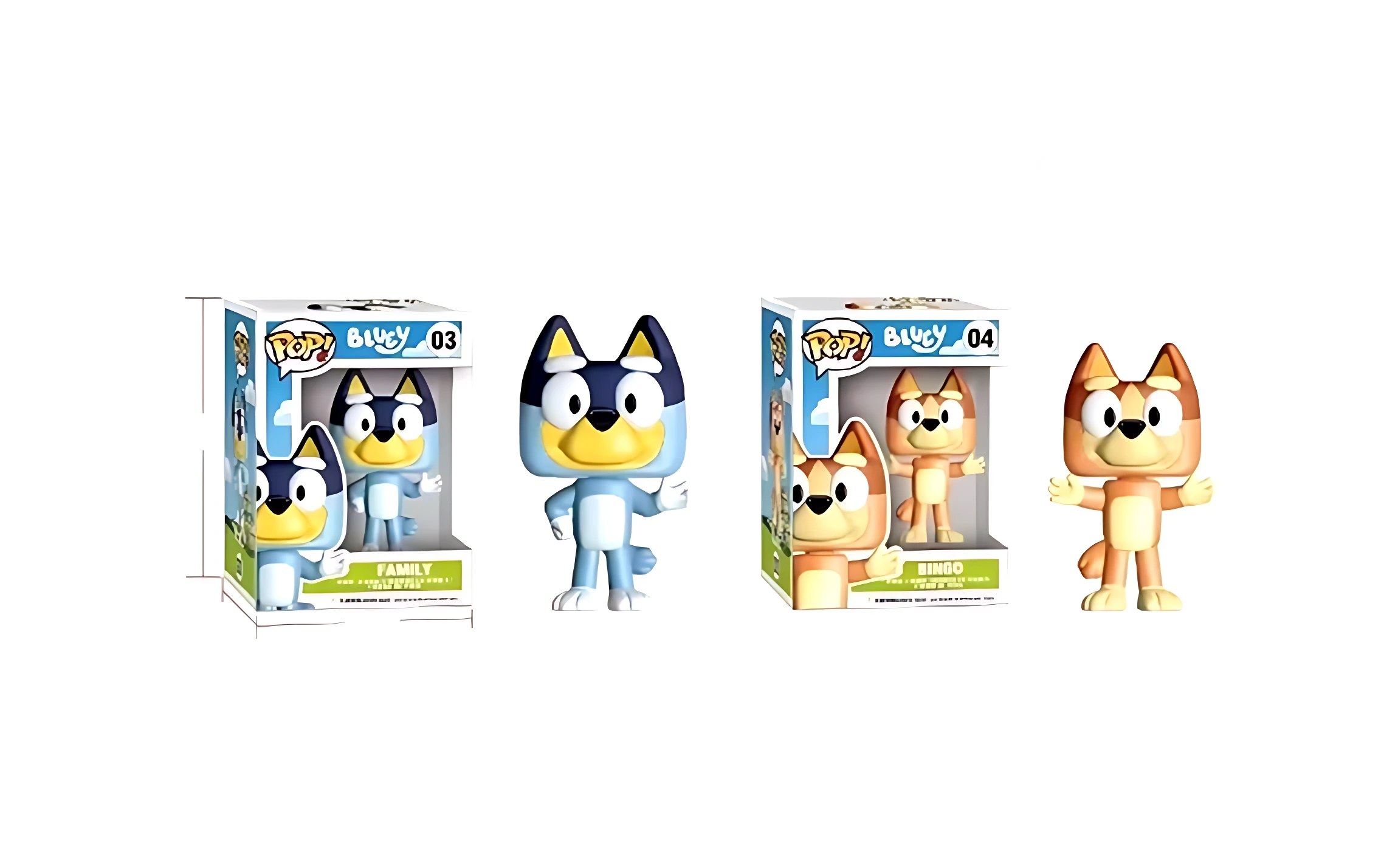Set x4 figuras decorativas Bluey y Bingo, 2 de Bluey y 2 de Bingo, en cajas de exhibición.