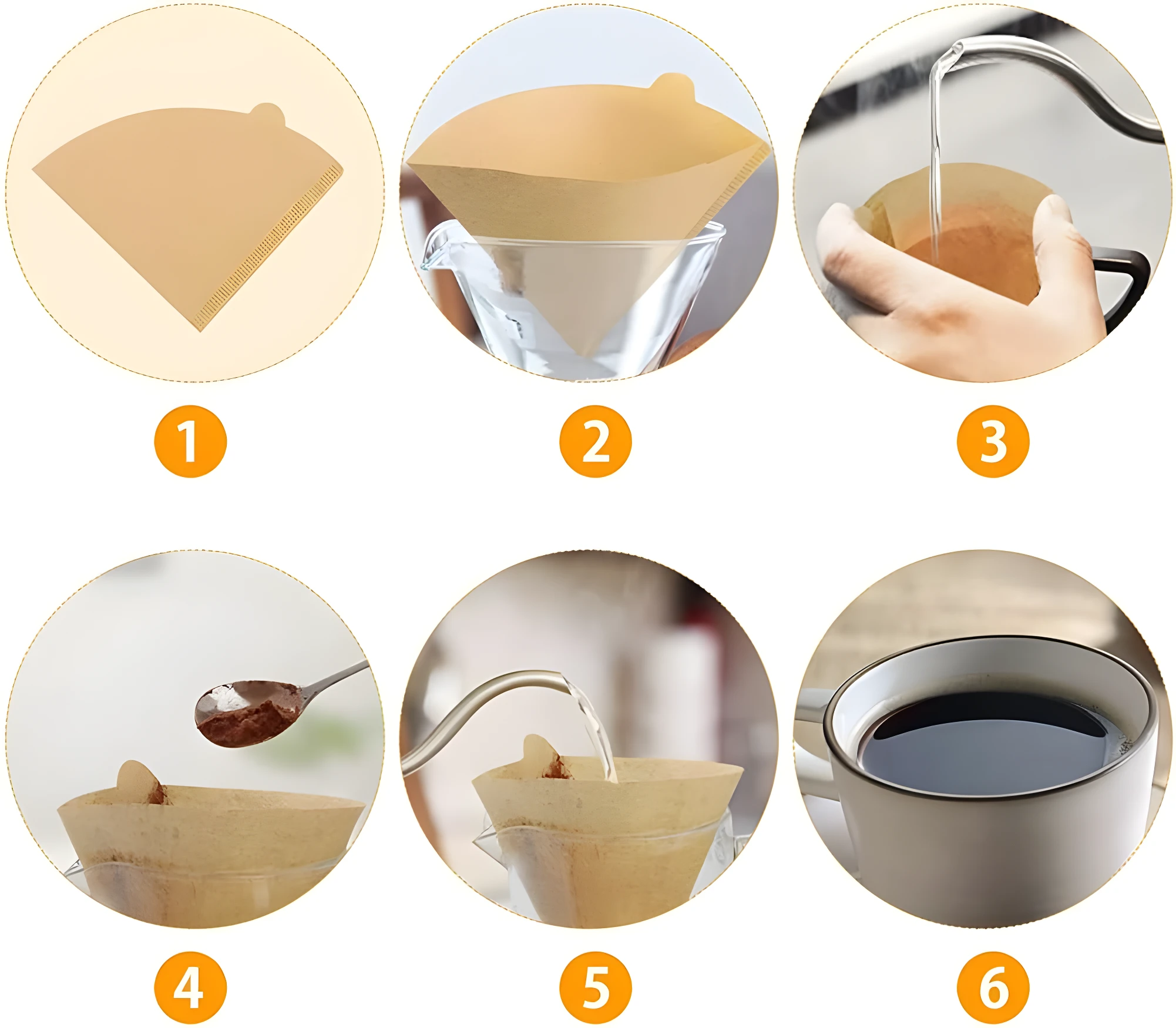 Filtros para cafetera V60 #2, 100 unidades, color marrón, paso a paso para preparar café.