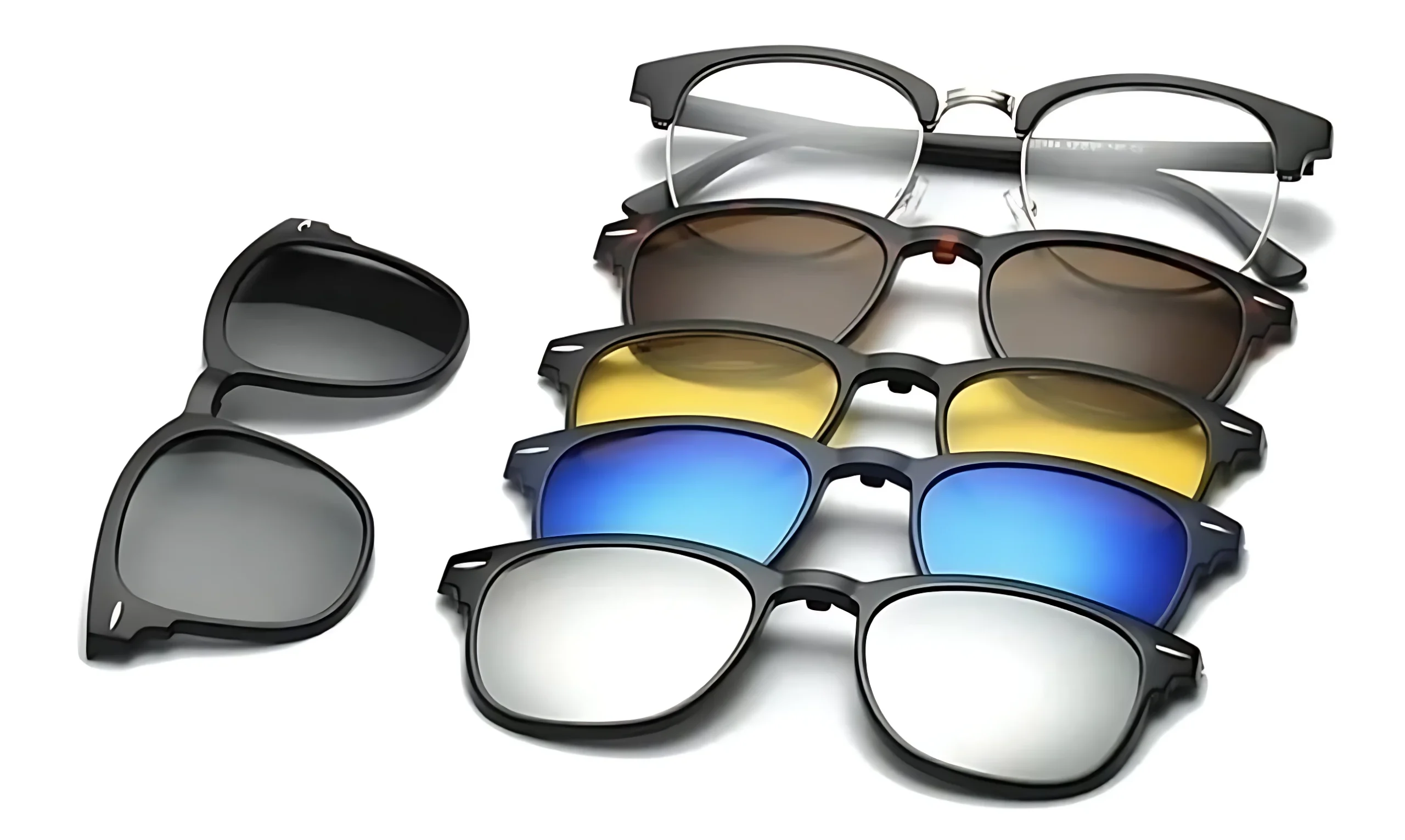 Gafas oftálmicas con clips magnéticos polarizados: armazón negro y 5 lentes intercambiables de colores.