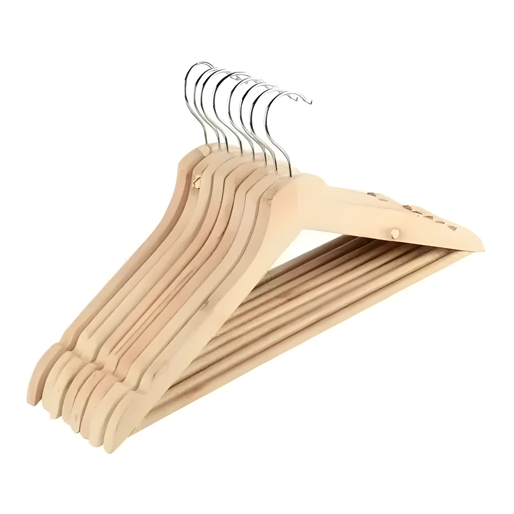 Set x2 ganchos de madera para ropa, color natural, diseño liso con muescas para camisas y pantalones.