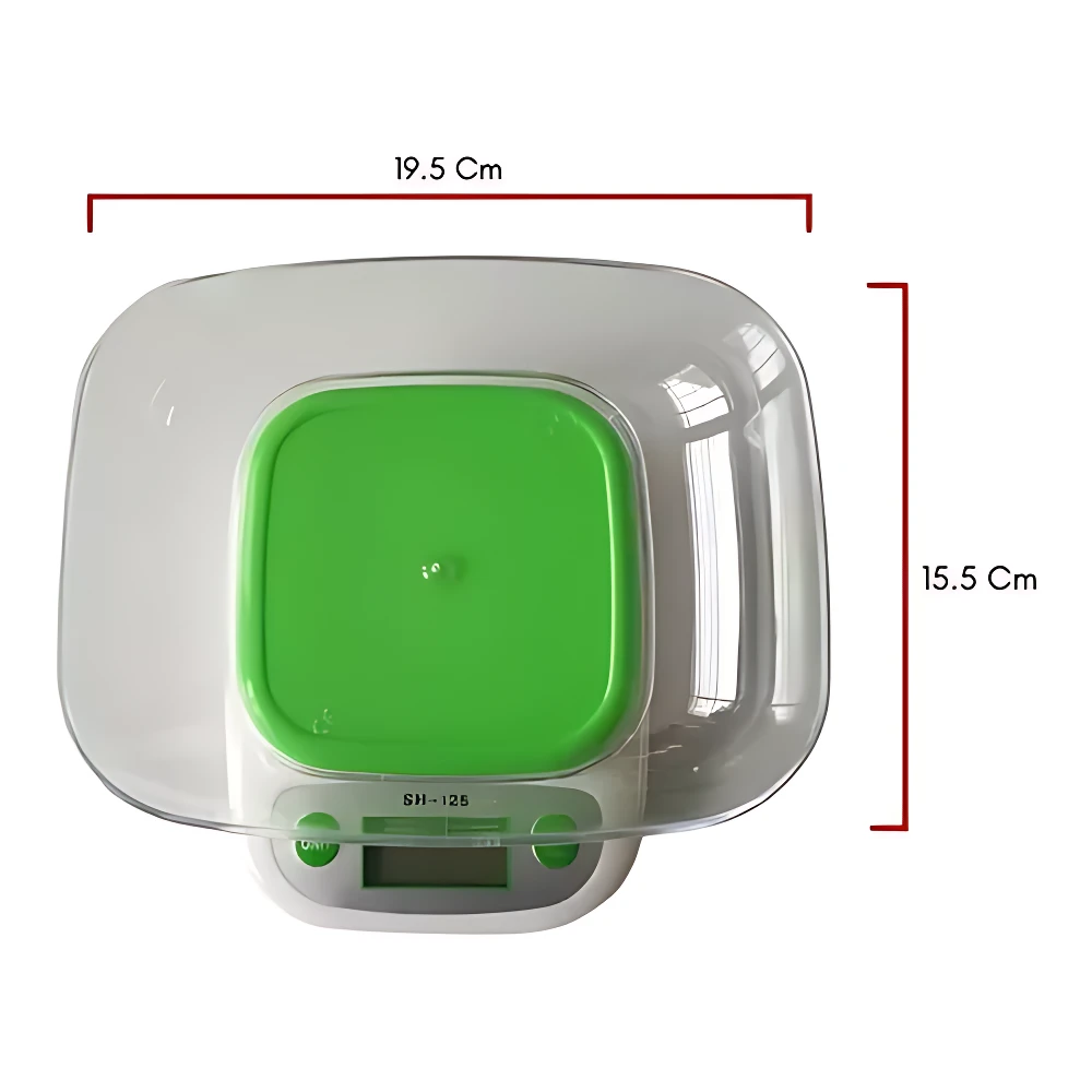 Báscula de cocina digital blanca con recipiente verde, mide 19.5 x 15.5 cm.