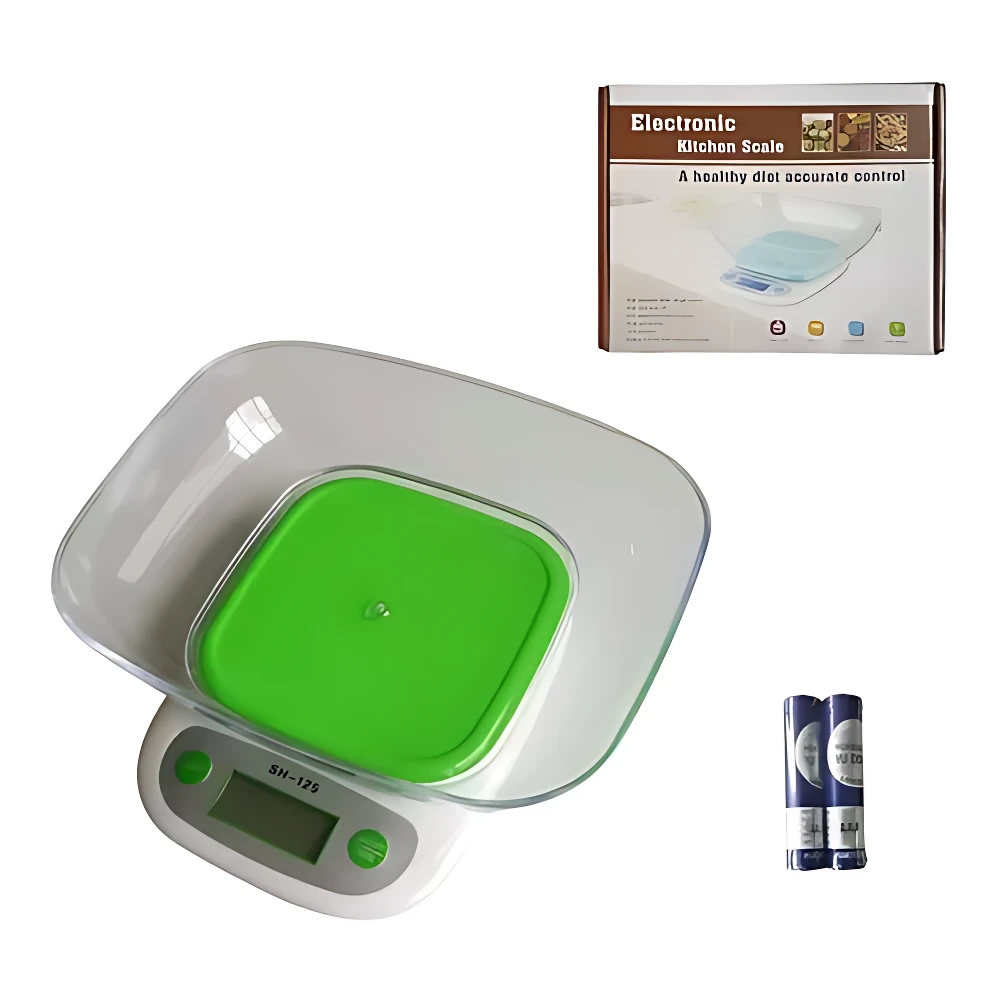 Báscula de cocina digital blanca con recipiente verde, base redonda y pantalla LCD, ideal para mediciones precisas.
