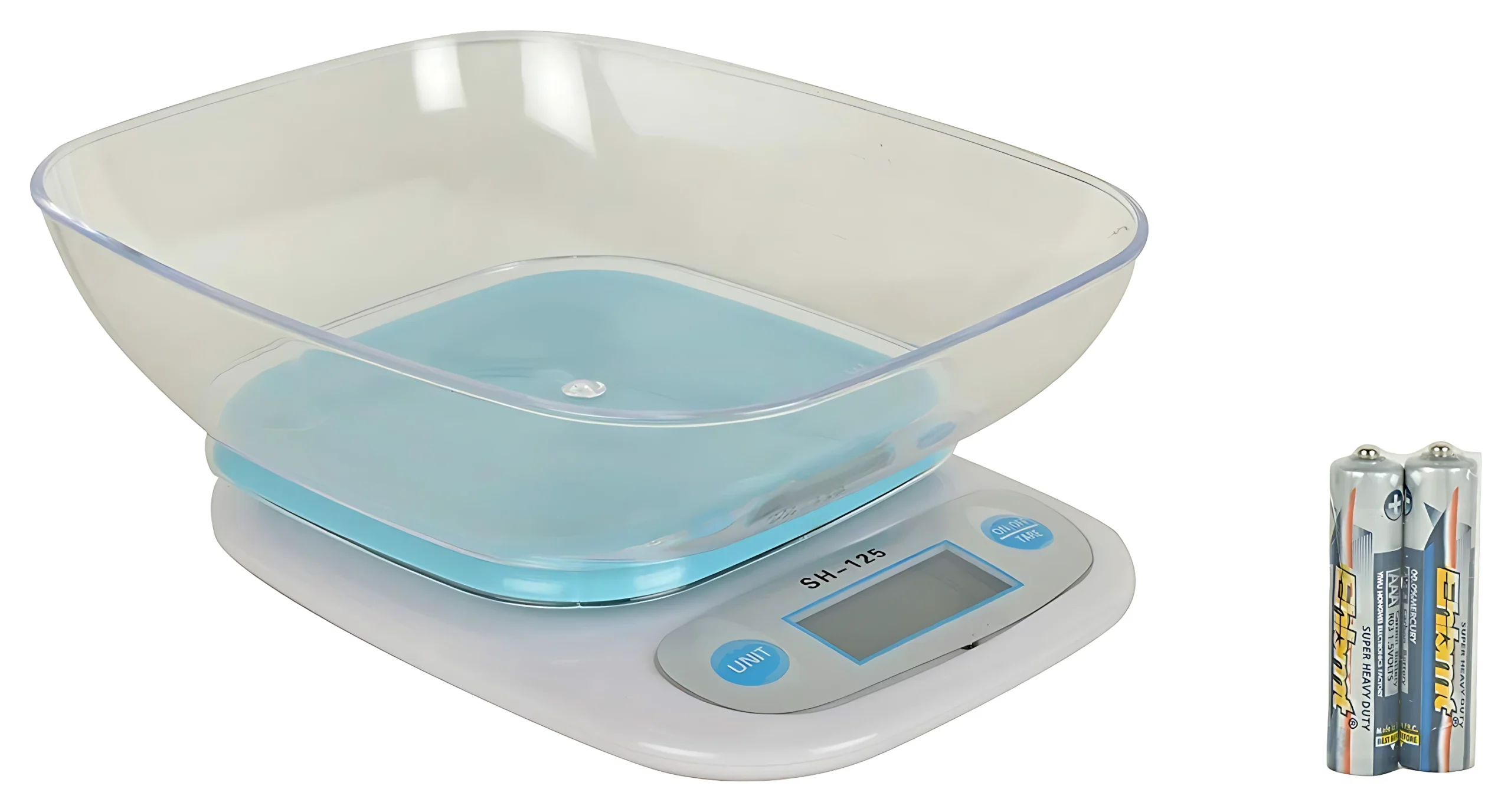 Báscula de cocina digital blanca y azul, con recipiente transparente y dos pilas AAA.