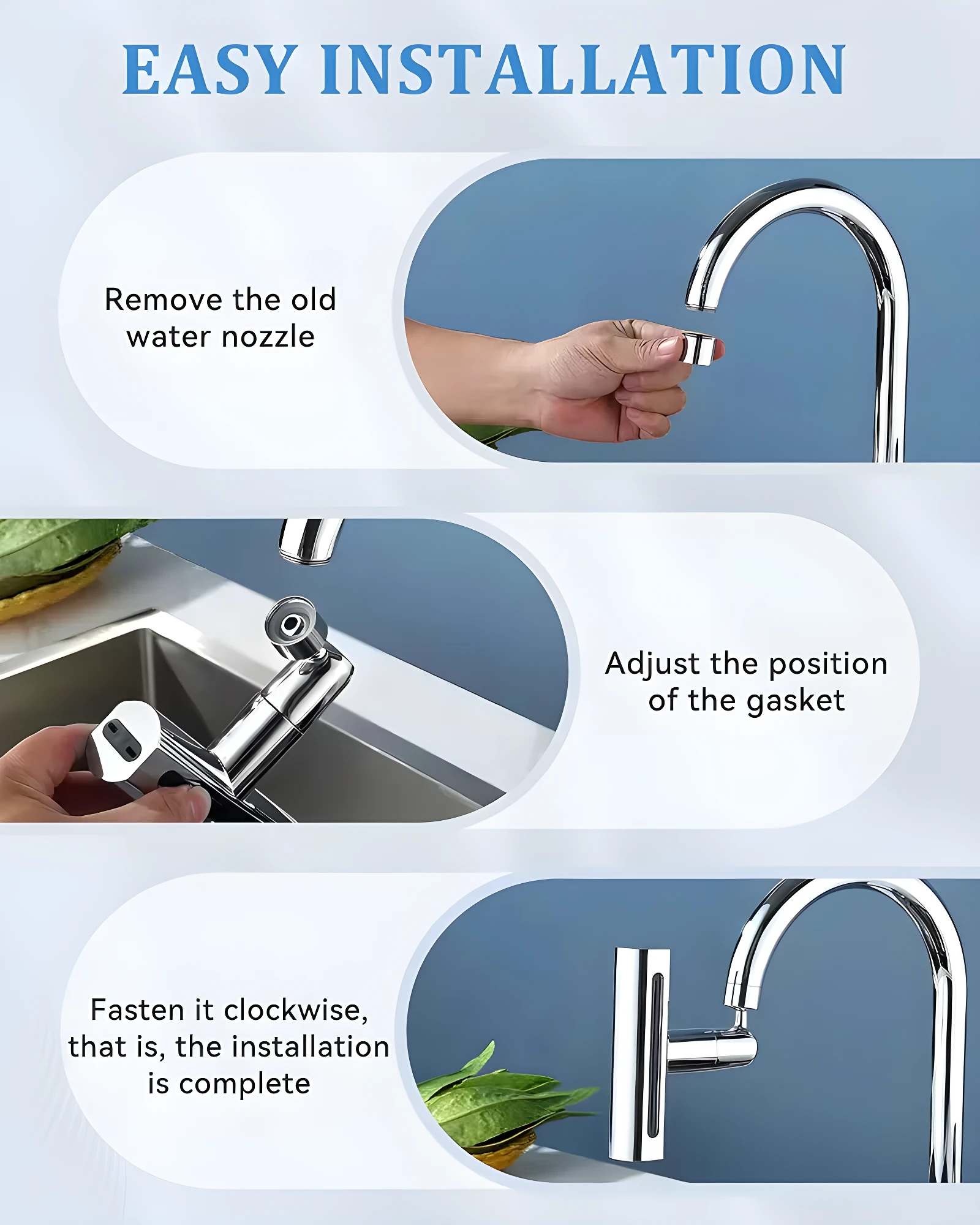 Grifo de cocina cromado 4 en 1 con extensión, fácil instalación: quitar, ajustar y fijar.