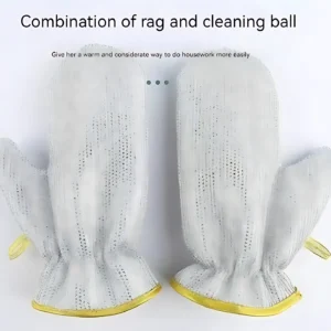 Guantes de limpieza plateados con borde amarillo, ideales para fregar y proteger manos.