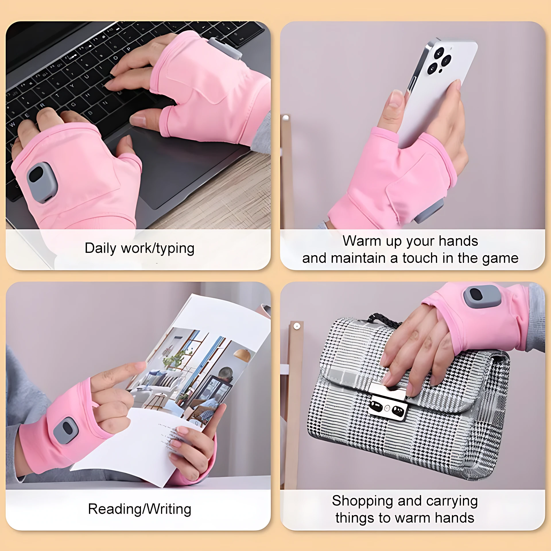 Guantes calefactables USB sin dedos rosados para trabajo, juegos y lectura.