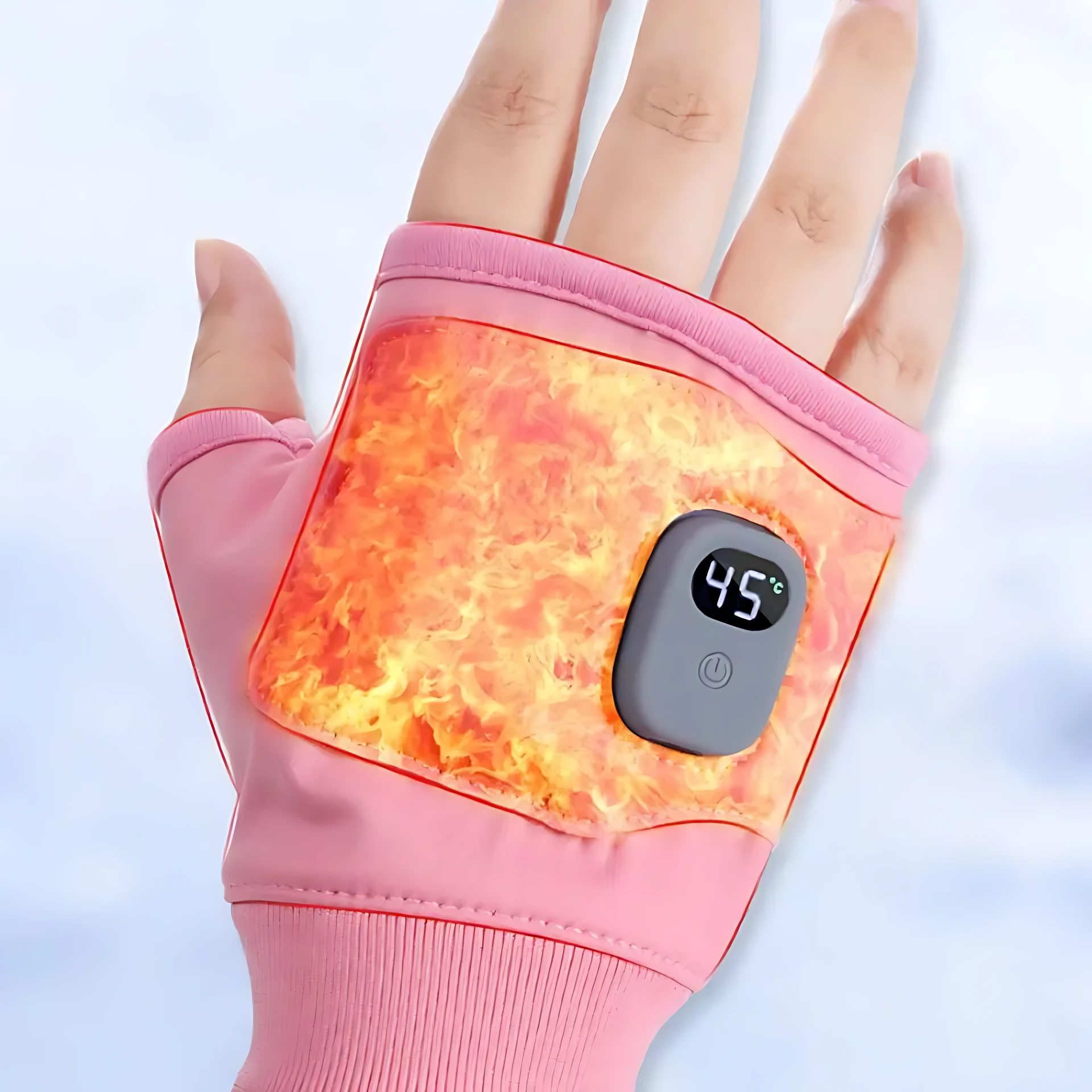 Guante calefactable eléctrico USB sin dedos rosa con pantalla digital mostrando 45°C.