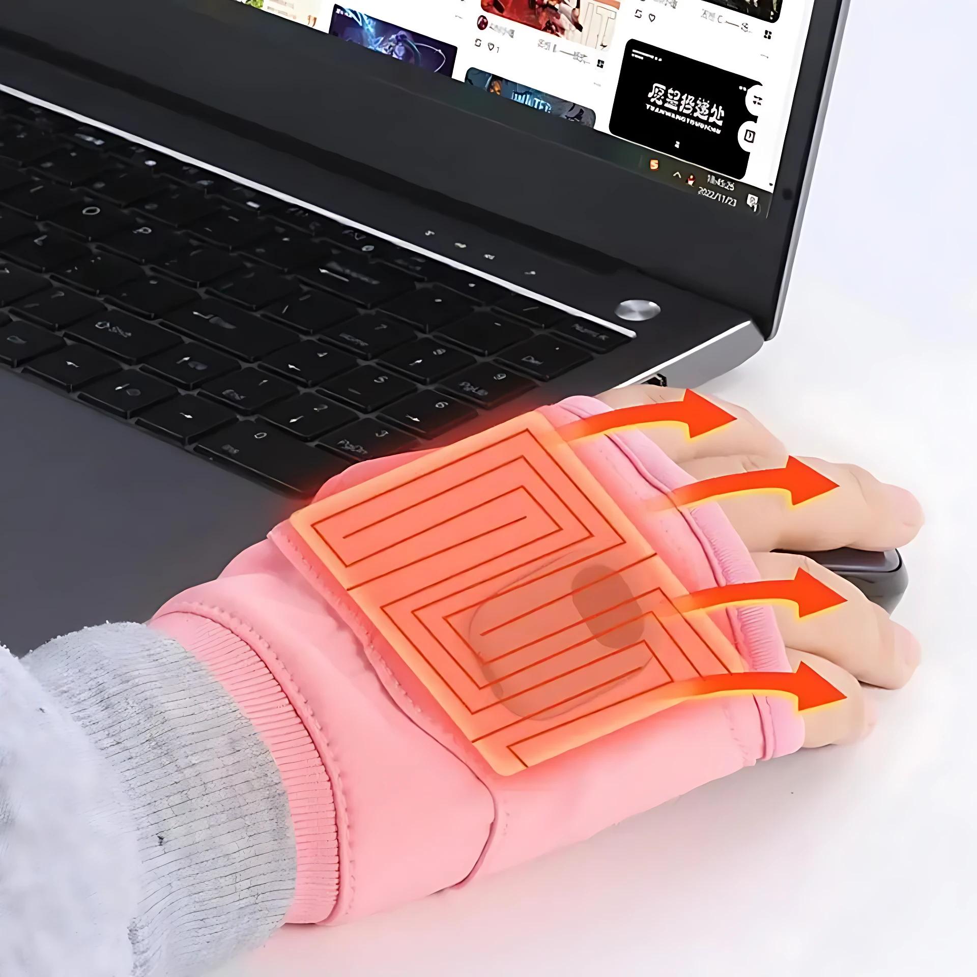 Guantes calefactables USB sin dedos rosados con patrón de calor y flechas indicando calor.