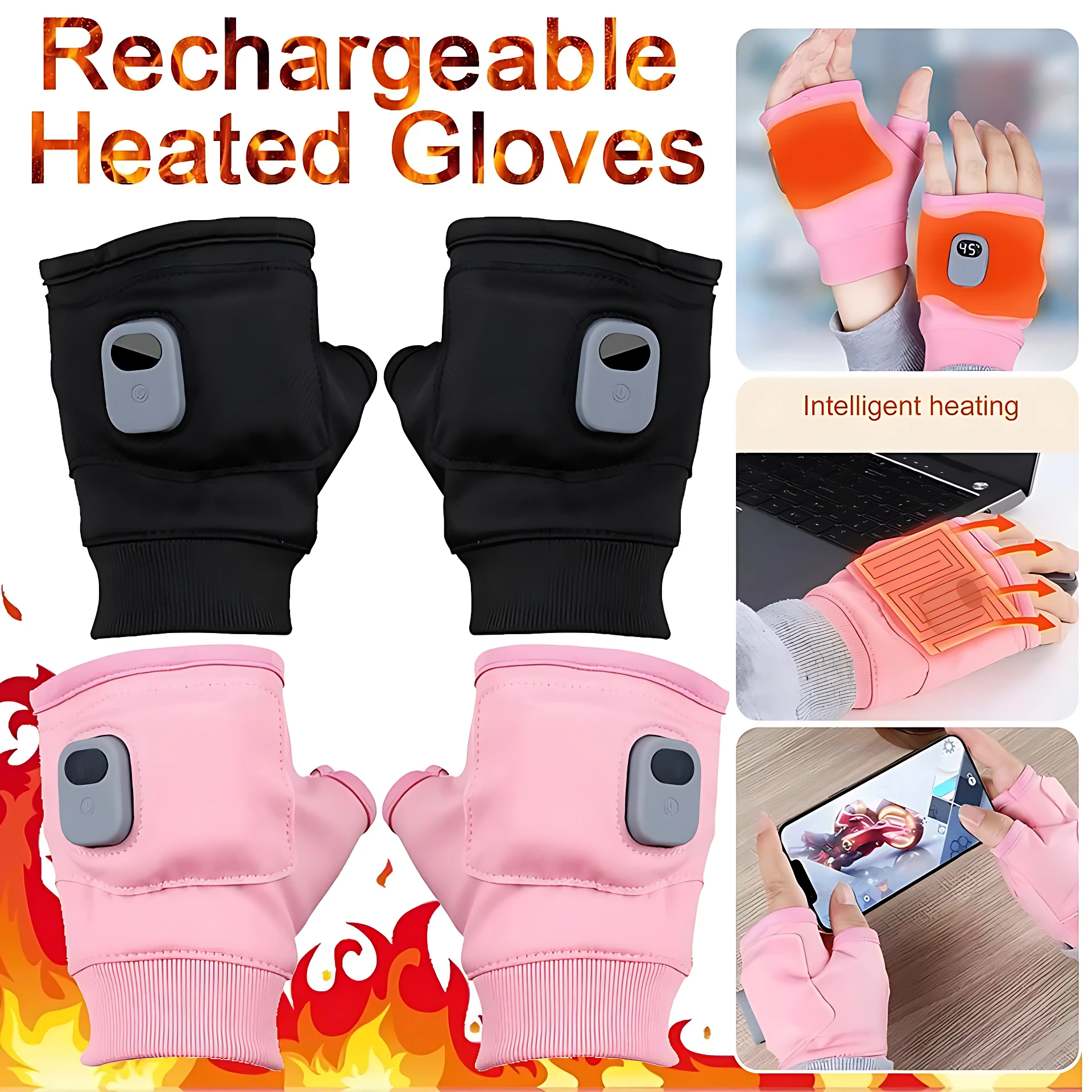 Guantes calefactables USB sin dedos, negros y rosados, con pantalla digital y diseño ergonómico para mantener las manos calientes.
