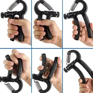 Manos sujetando ejercitadores de mano negros con resistencia ajustable de 5 a 60 kg.