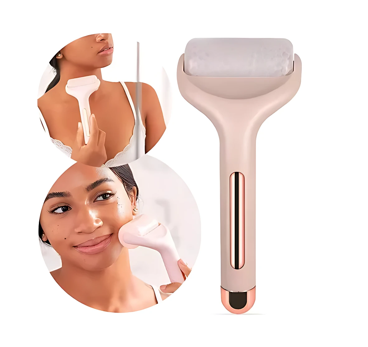 Masajeador facial y corporal Ice Roller rosa con rodillo blanco, ideal para refrescar y tonificar la piel.