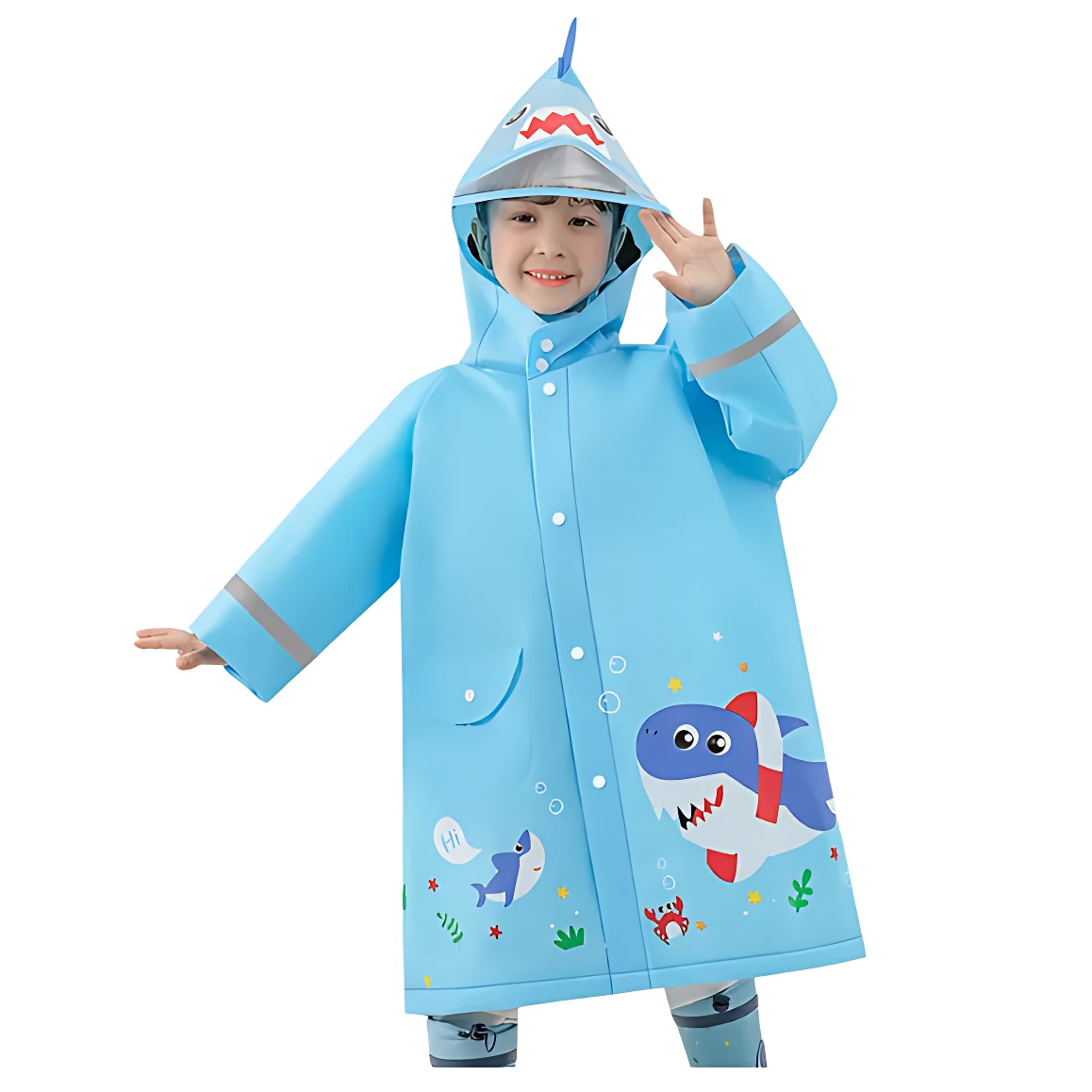 Poncho impermeable azul para niños con diseño de tiburón, capucha y estampados divertidos.
