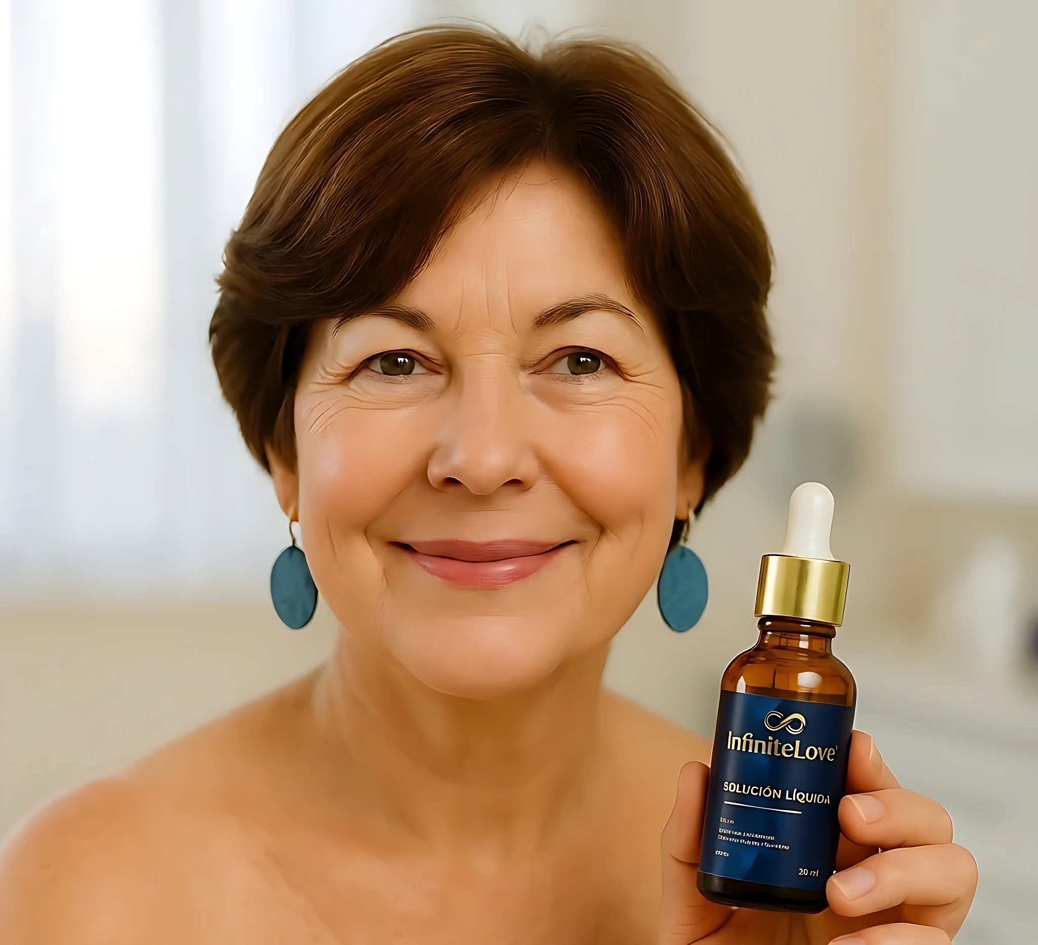 Mujer sonriente con serum Infinity Love solución líquida 20 ml, botella ámbar con gotero dorado.