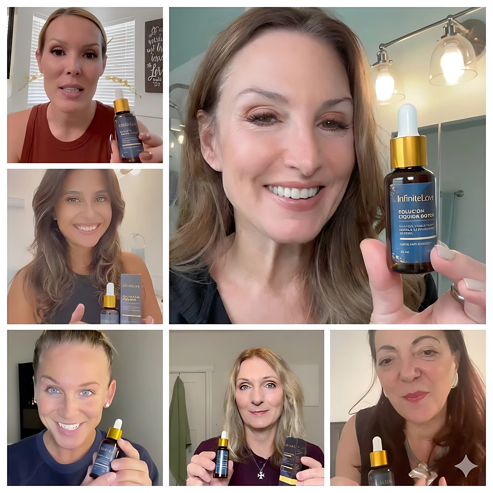 Seis mujeres sonriendo y mostrando el sérum Infinity Love, solución líquida gota con aplicador.